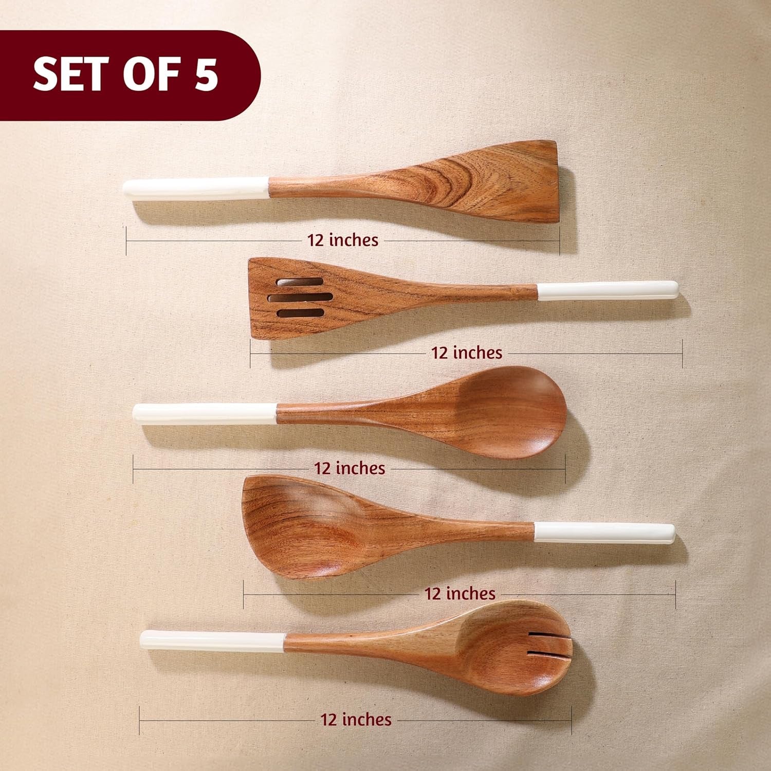 Wooden Spoons for Cooking | 12" Premium Acacia Wooden Utensil Set of 5 - Smooth Finish, Soft Comfort Cooking Utensils Set for Kitchen, Gifts | Non Stick Wooden Cooking Utensils Set of 5
