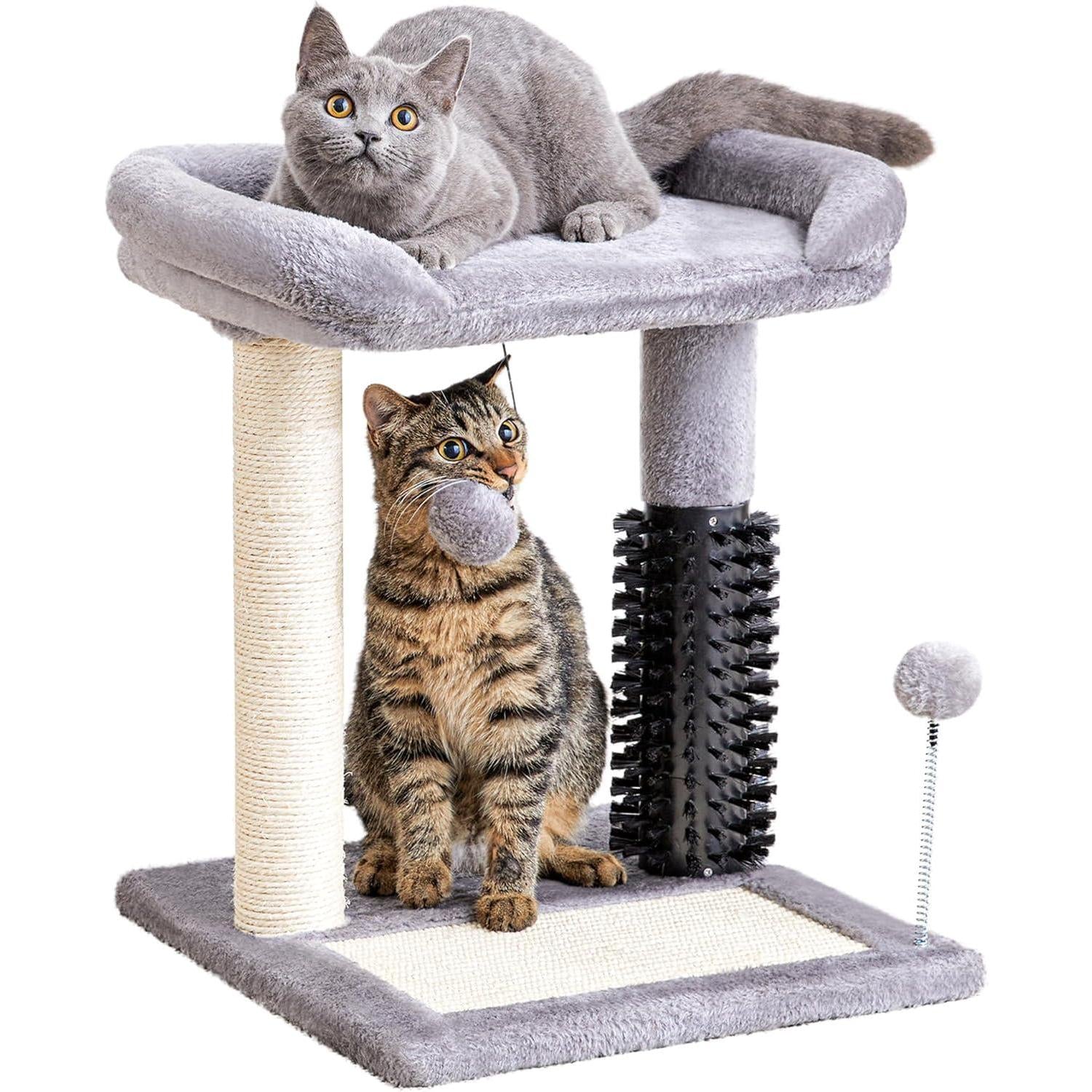 Small 4-In-1 Cat Tree Tower with Self-Grooming Brush and Natural Sisal Scratching Post, Soft Plush Cat Bed and Hanging Ball, Suitable for Indoor Kittens