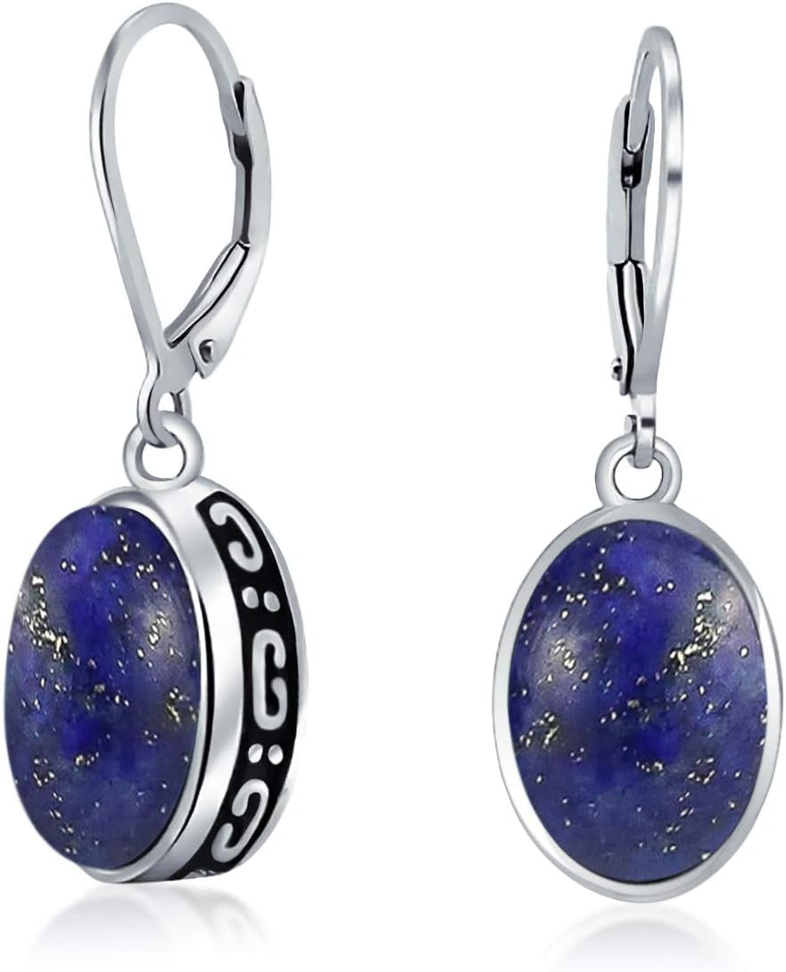 Boho Western Style Gemstone Oval Lever Back Drop Dangle Earrings for Women .925 Sterling Silver Semi Birthstone Colors
