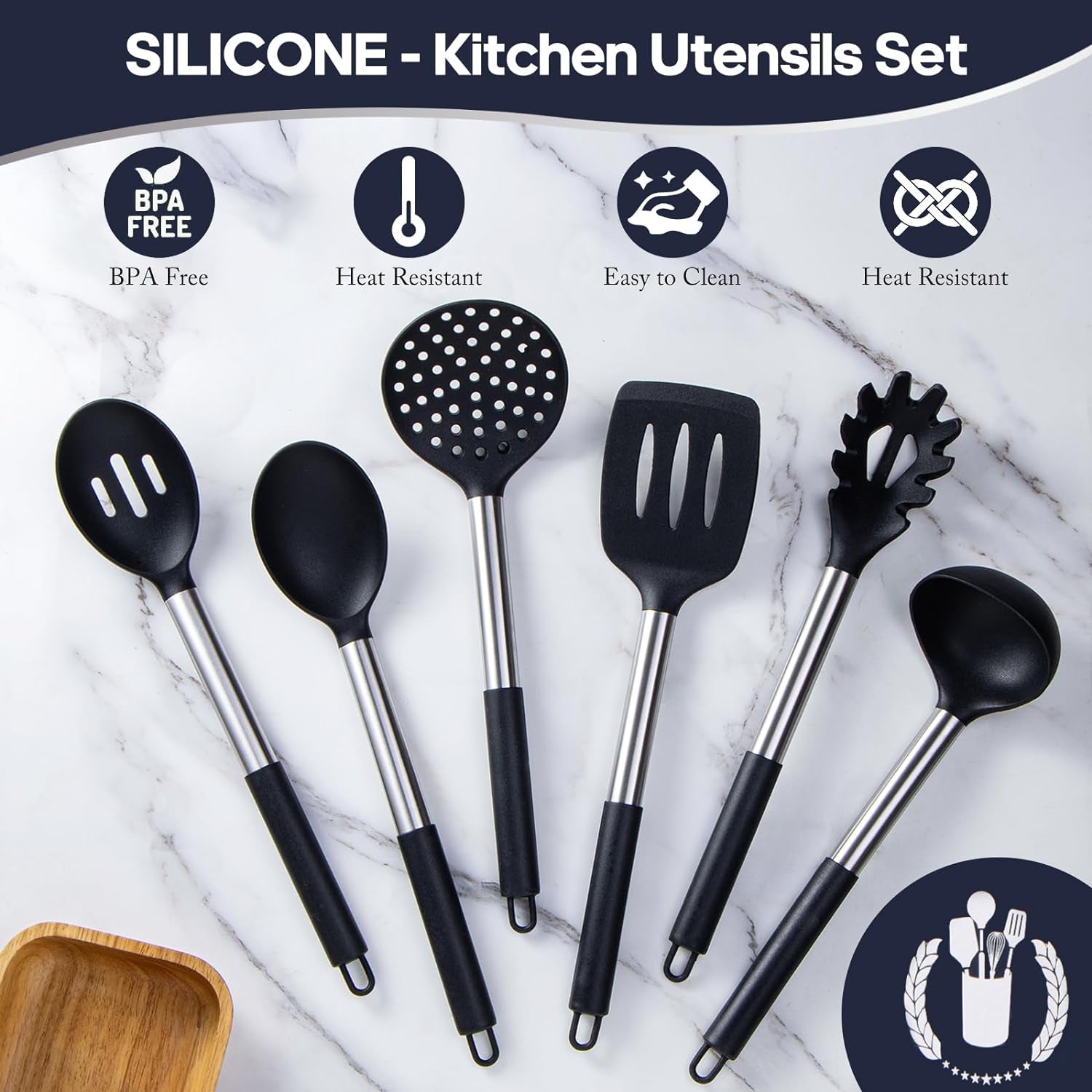 Silicone Kitchen Utensils Set -  6-Pieces Black Silicone Cooking Utensils Set for Nonstick Cookware - Stainless Steel Handle