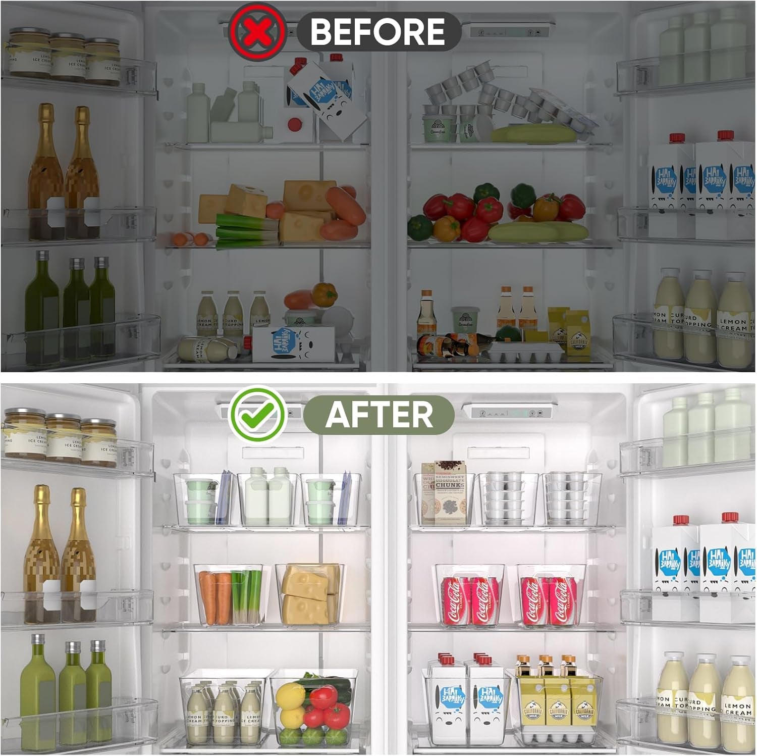 Clear Plastic Storage Bins, Pantry Organization, BPA Free Stackable Refrigerator Organizers and Storage with Handles for Kitchen Fridge Cabinet Bathroom (6PK, 9.5X5.5X4.5)