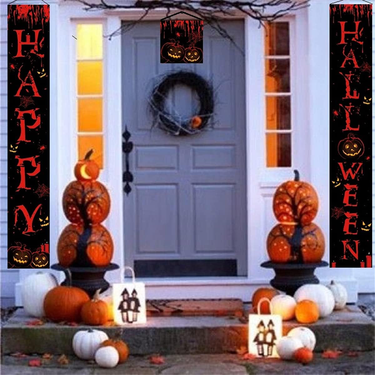 Halloween Porch Sign,Halloween Banners Front Proch,Happy Halloween Welcome Ghost Sign,Halloween Theme Party Supplies for Front Door,Halloween Decorations for Yard Indoor Outdoor Party (Black-Happy)