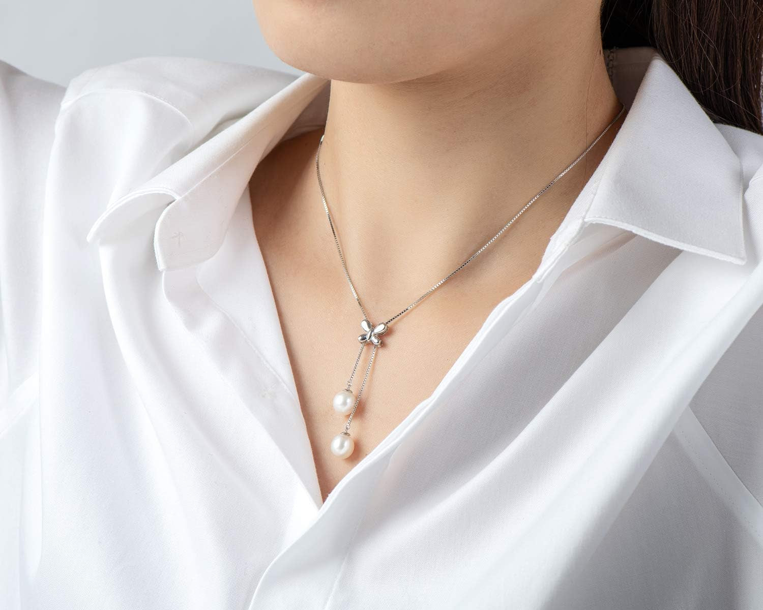 Butterfly Necklace for Women,Freshwater Cultured Drop Pearl Pendant Sterling Silver Chain Jewelry Gift for Mom Mama Mother Day(Size:7-8Mm)
