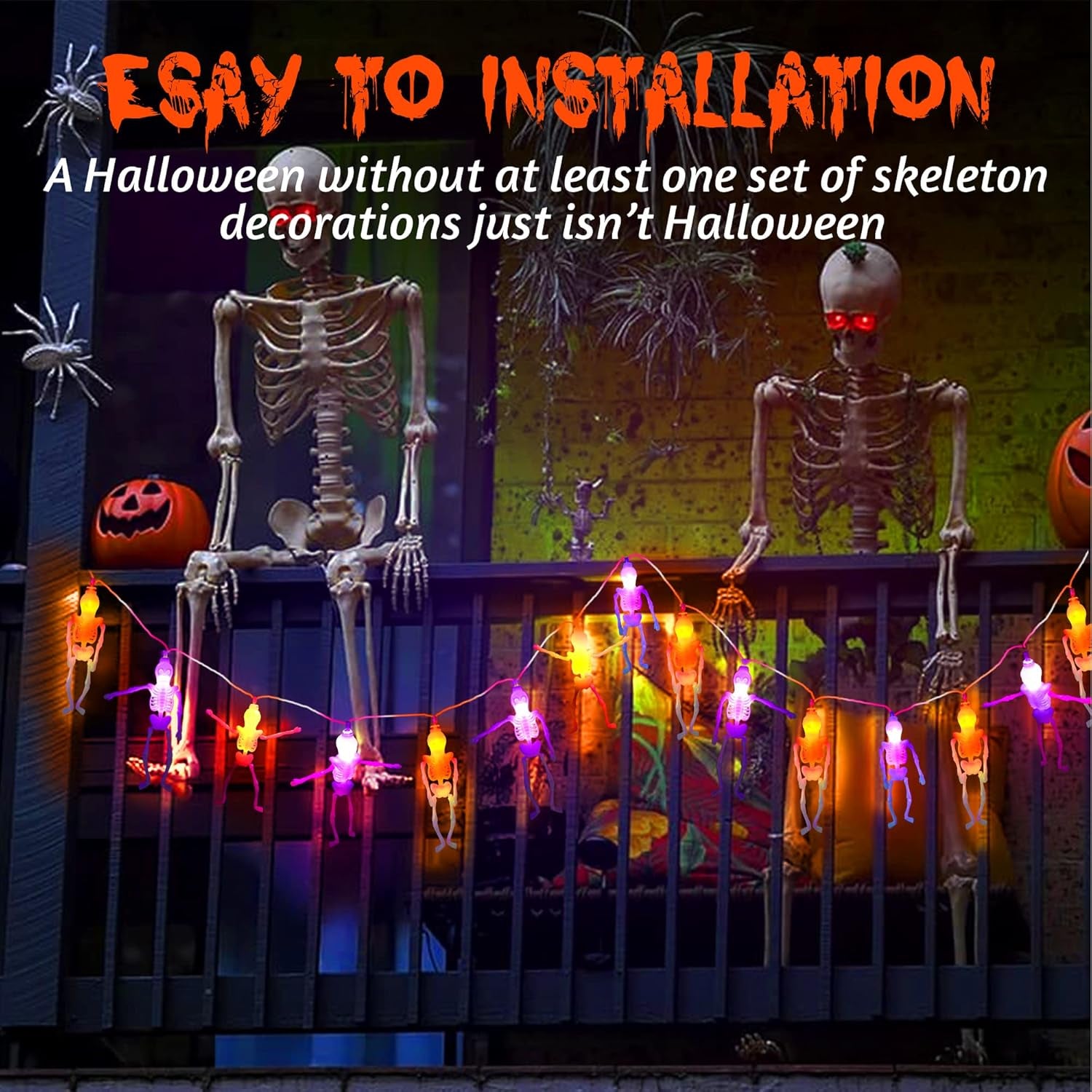 Battery operated skeleton lights, Halloween Decoration Light displayed on a porch with skeletons and pumpkin decor.
