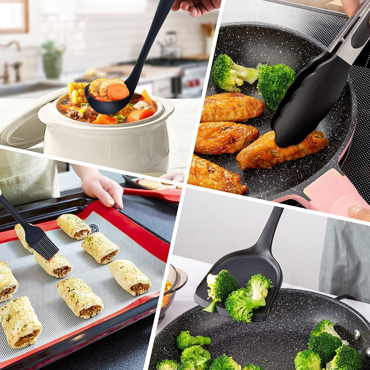 Silicone Cooking Utensils Set， Seamless 10 Pcs Series Black Kitchen Untensils Set without Holder Heat Resistant BPA Free, Silicon Spatula Kitchen Utensils