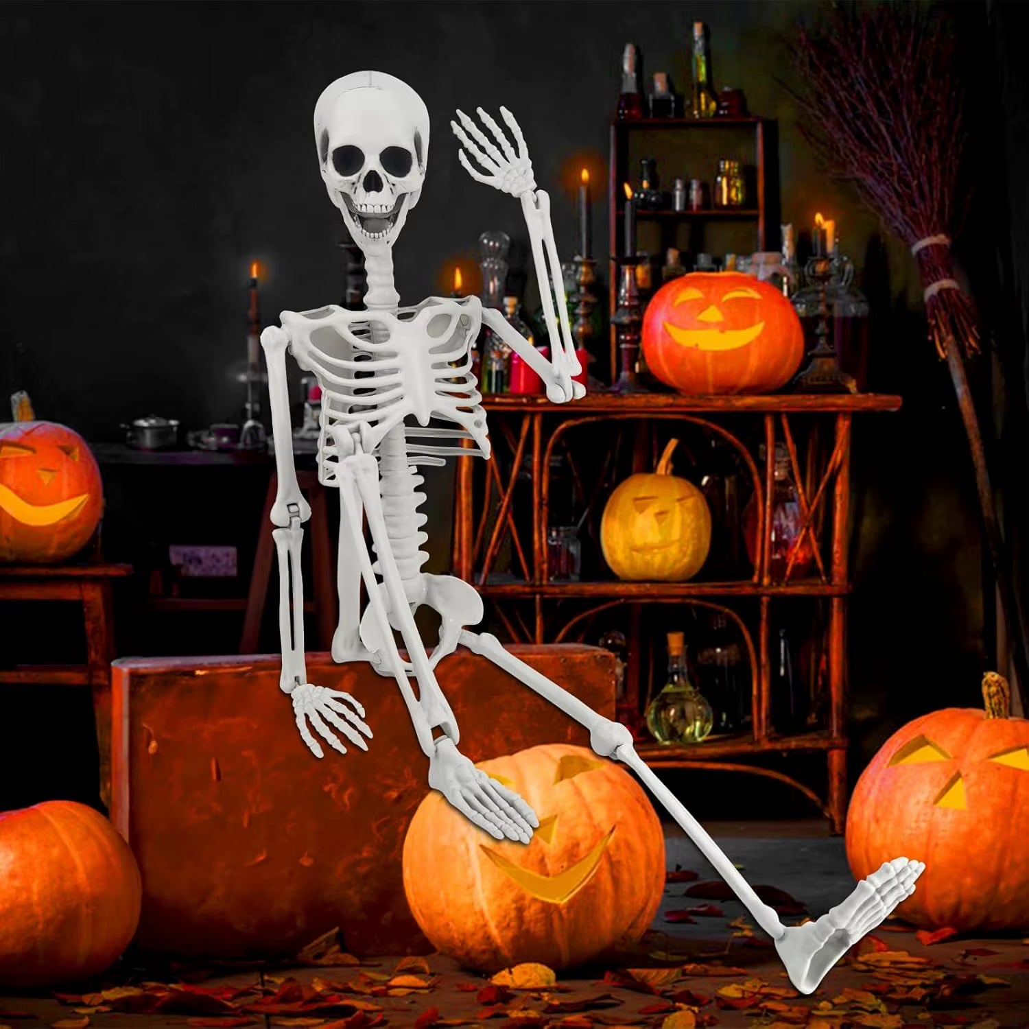 36" Skeleton Halloween Decor, 3FT Posable Halloween Skeleton Decorations, Realistic Full Body Plastic Skeleton for Halloween