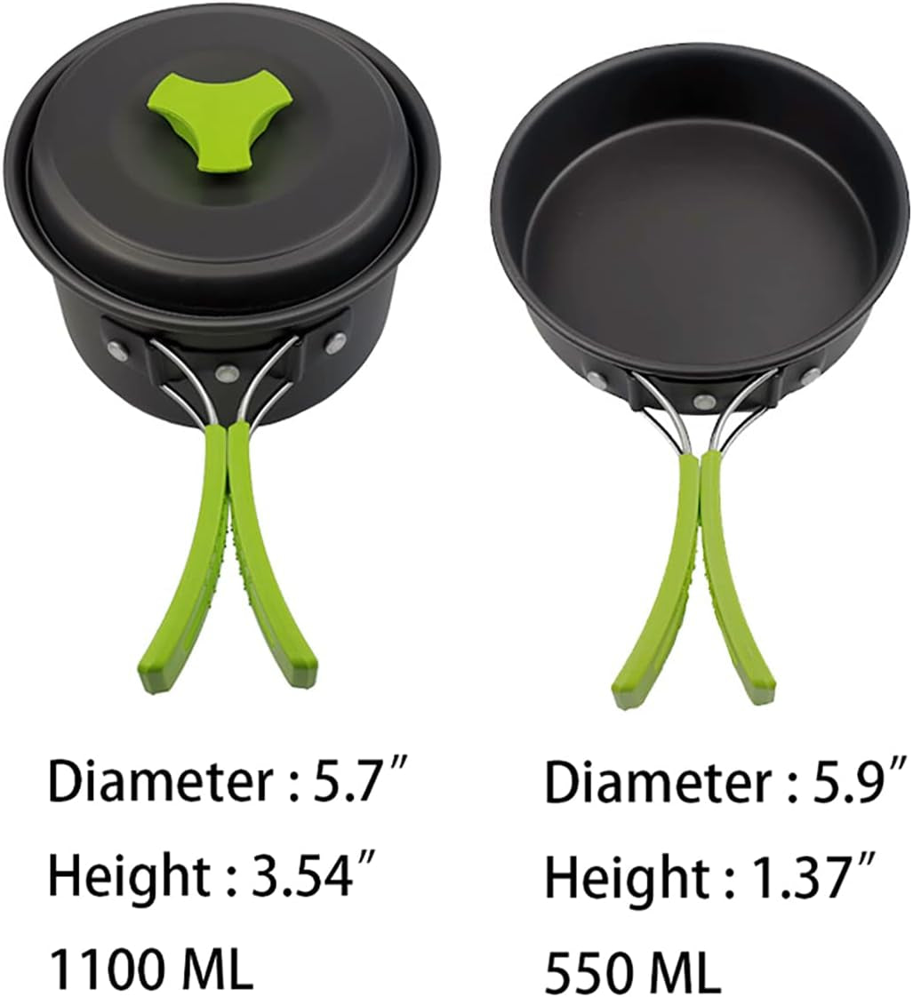 Camping Cookware Mess Kit Gear for 1/2 Person,Backpacking Accessories Equipment Pots and Pan Set with Mesh Carrying Bag for Hiking, Picnic (11 Pieces-Green)