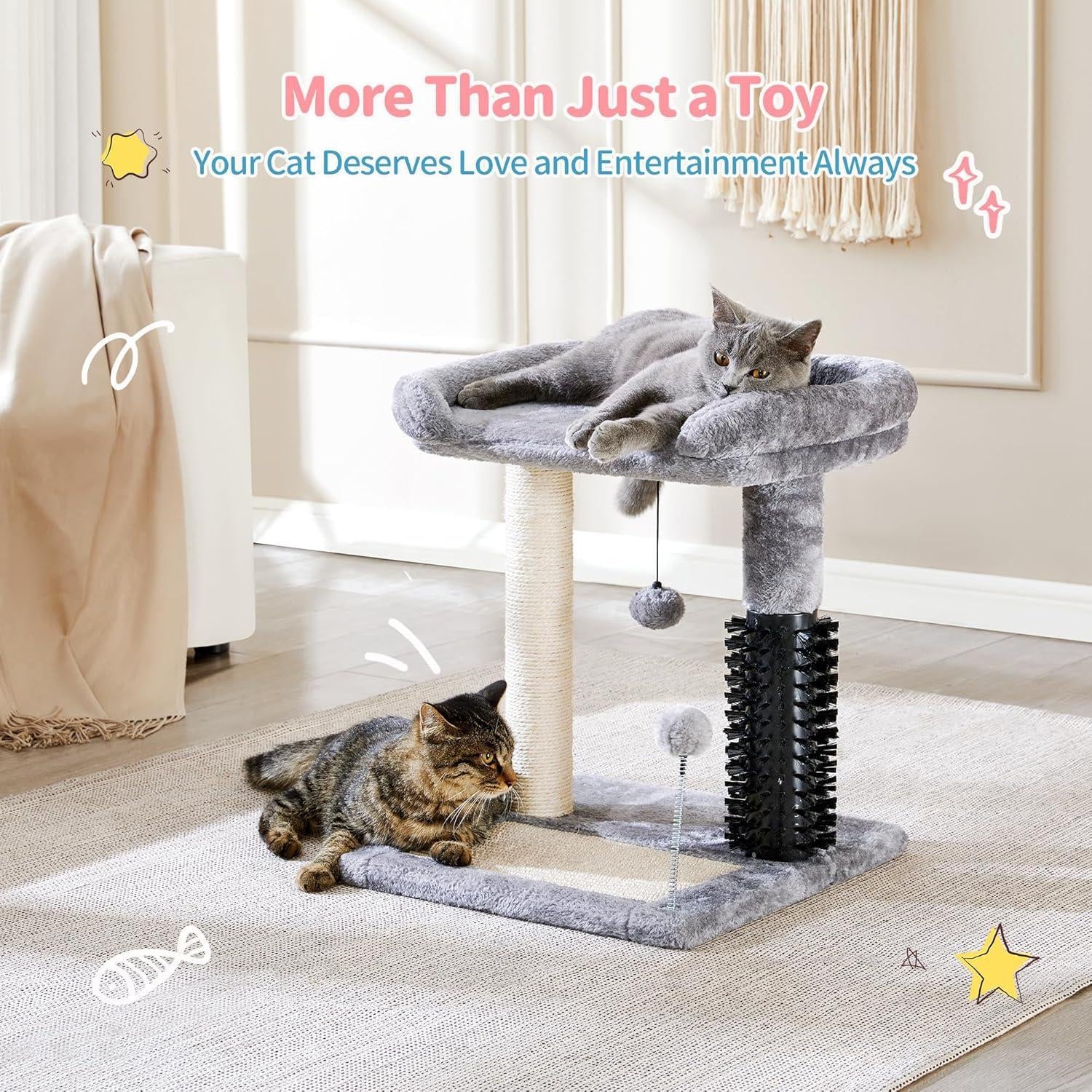 Small 4-In-1 Cat Tree Tower with Self-Grooming Brush and Natural Sisal Scratching Post, Soft Plush Cat Bed and Hanging Ball, Suitable for Indoor Kittens