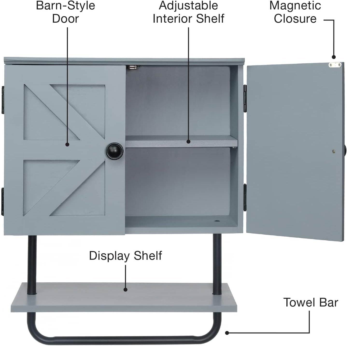 17X21” Barndoor Bathroom Wall Cabinet, Space Saver Storage Cabinet Kitchen Medicine Cabinet with Adjustable Shelf and Towel Bar, Rustic Gray