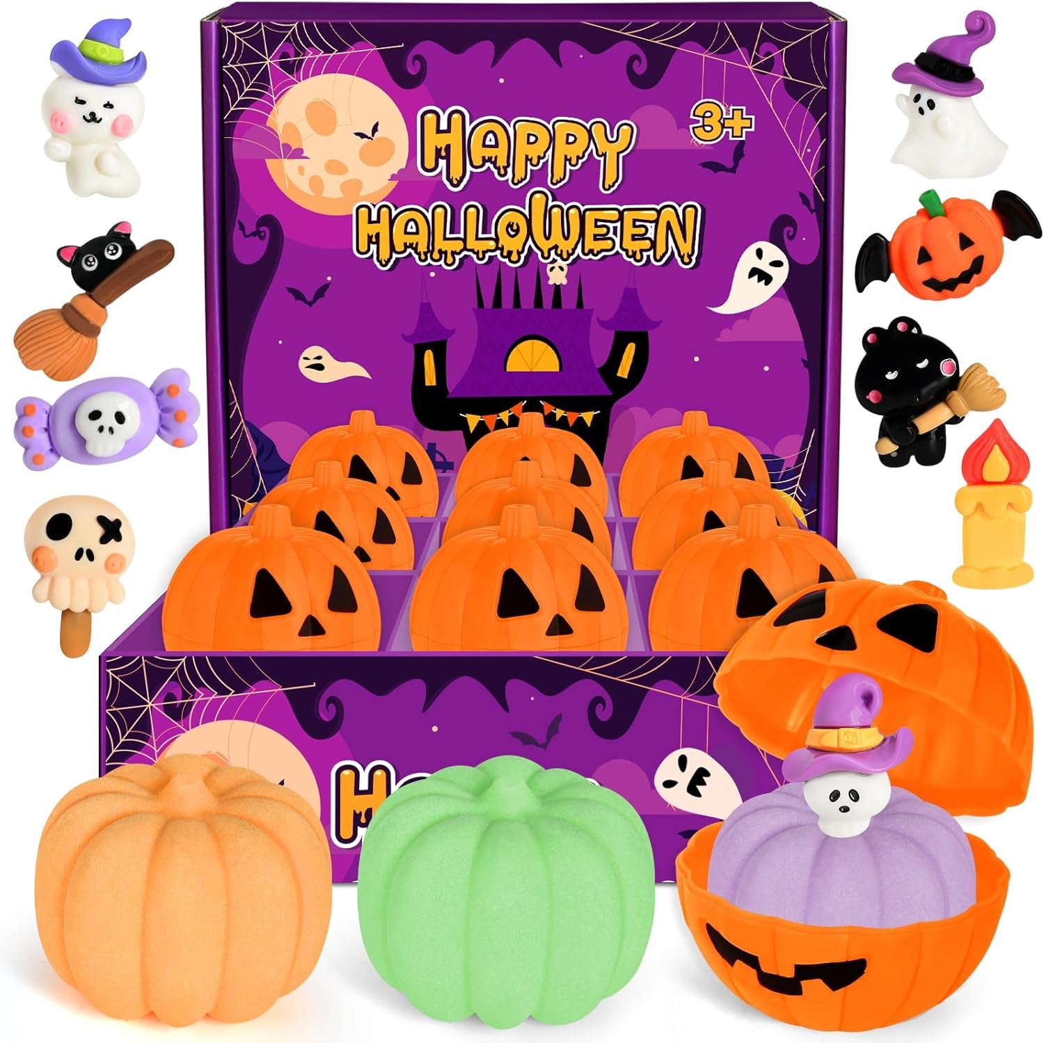 9 Pack Halloween Bath Bombs with Surprise Toys Inside, Halloween Pumpkin Bath Bombs for Kids, Halloween Party Favors for Kids Girls Boys, Halloween Treat Bags Gifts and Goodie Bag Stuffers