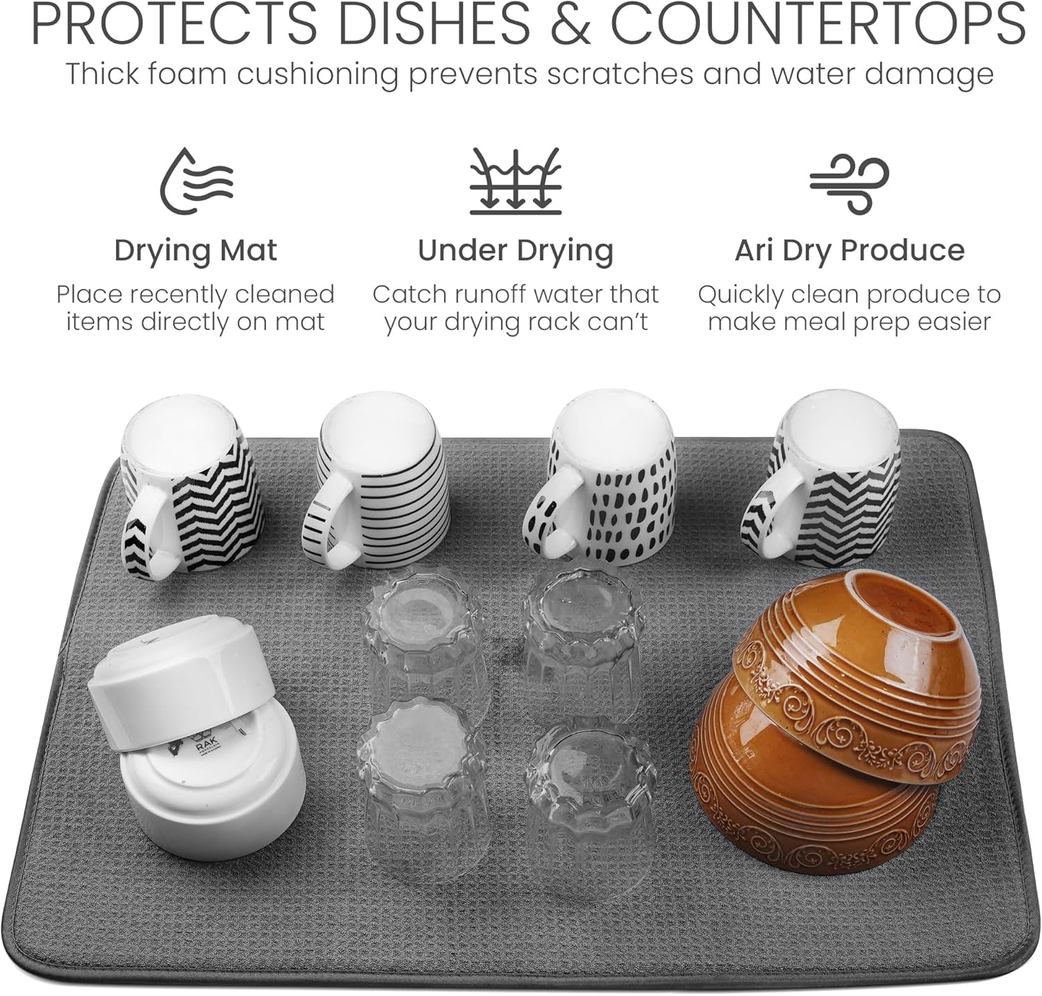 XXL Dish Mat 24" X 17" ( LARGEST MAT ) Microfiber Dish Drying Mat , Super Absorbent ( Gray )