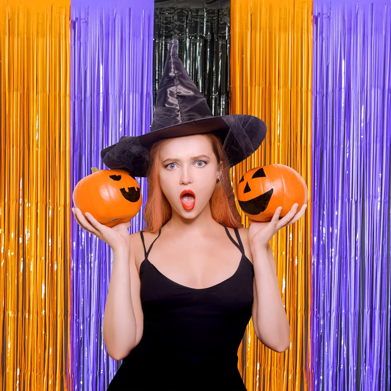 3 Pack Orange Purple Black Photo Booth Props,3.3 X 6.6 Ft Halloween Foil Fringe Curtains,Halloween Party Photo Backdrop Streamer Backdrop for Birthday Anniversary Halloween Party Decoration