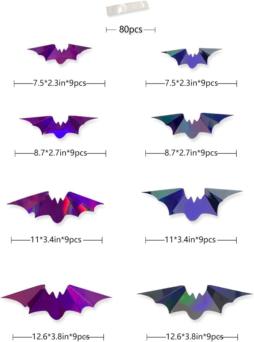 72Pcs Bats Halloween Decoration Iridescent 3D Bats Wall Decor Black Purple Holographic Paper Decorative Bat Wall Art Decals Stickers Spooky Bats for Halloween Home Room Decor Party Decoration Supplies
