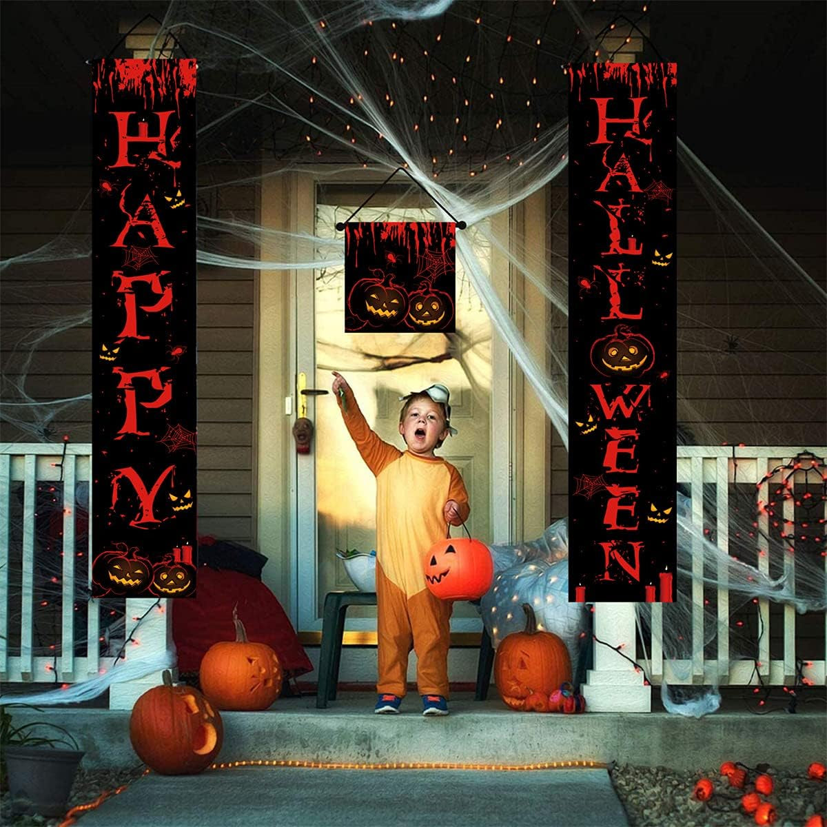 Halloween Porch Sign,Halloween Banners Front Proch,Happy Halloween Welcome Ghost Sign,Halloween Theme Party Supplies for Front Door,Halloween Decorations for Yard Indoor Outdoor Party (Black-Happy)