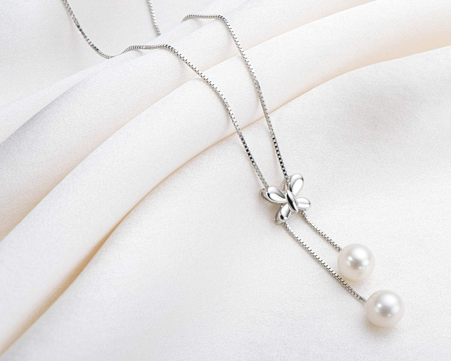 Butterfly Necklace for Women,Freshwater Cultured Drop Pearl Pendant Sterling Silver Chain Jewelry Gift for Mom Mama Mother Day(Size:7-8Mm)