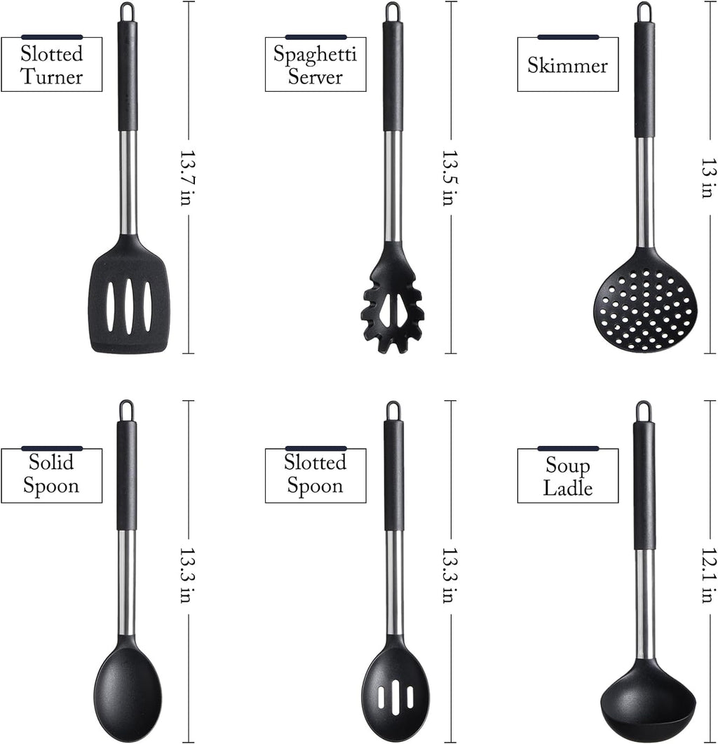 Silicone Kitchen Utensils Set -  6-Pieces Black Silicone Cooking Utensils Set for Nonstick Cookware - Stainless Steel Handle