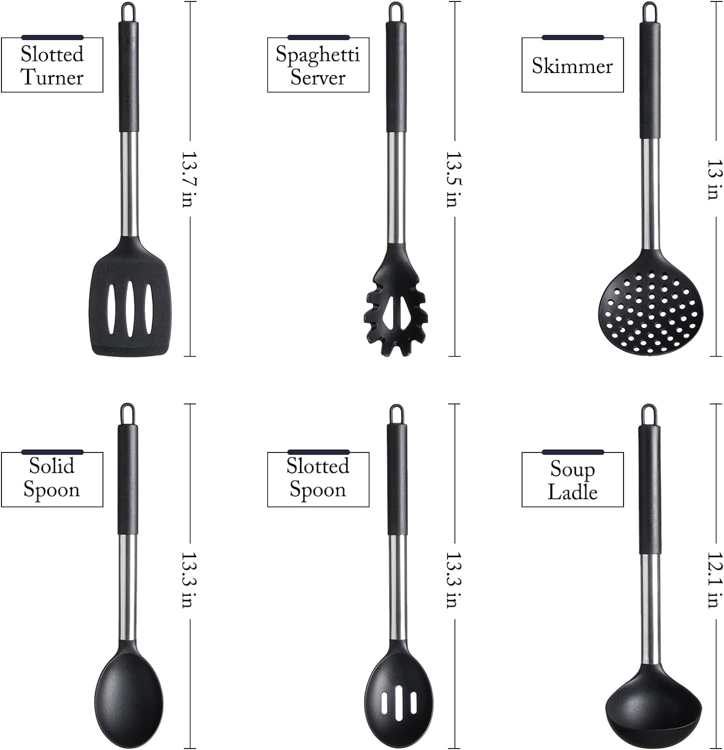 Silicone Kitchen Utensils Set -  6-Pieces Black Silicone Cooking Utensils Set for Nonstick Cookware - Stainless Steel Handle