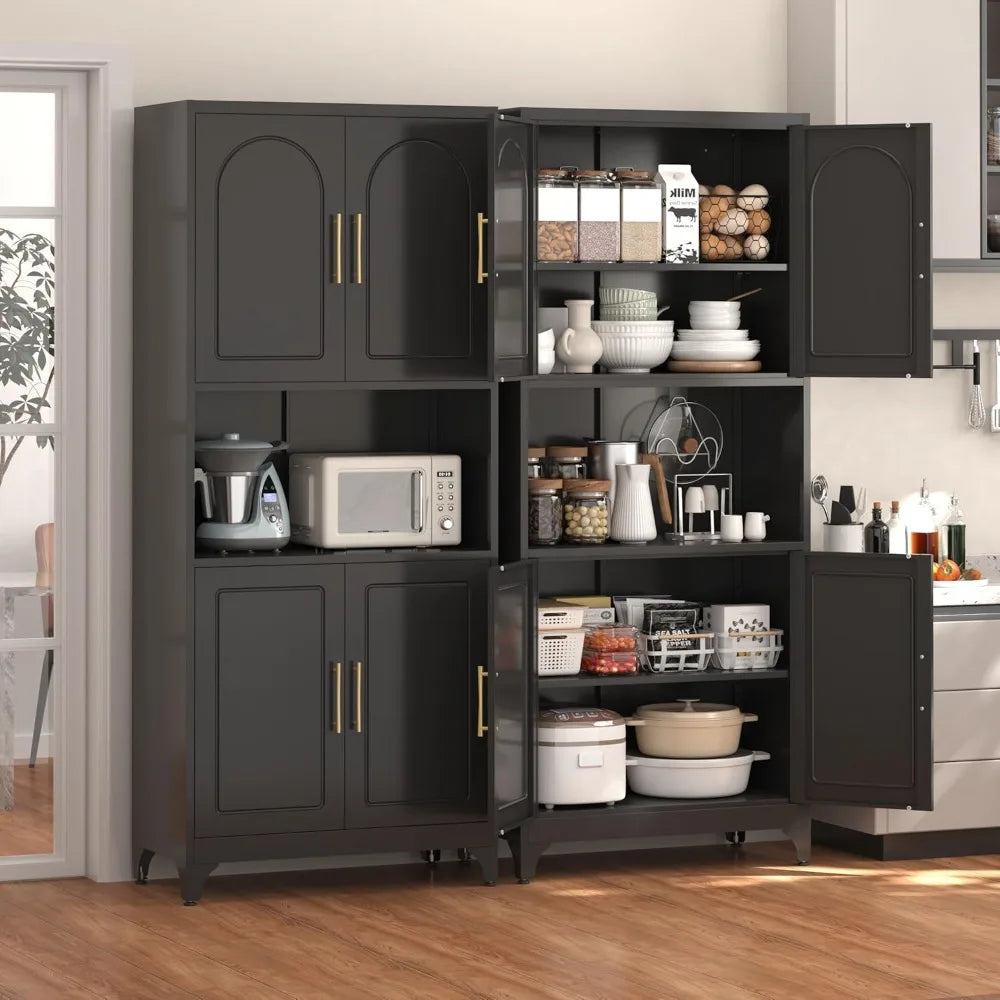 Kitchen Pantry Cabinet, 75" H Kitchen Hutch with Microwave Stand, Food Cupboard with Countertop, Metal Storage Cabinet with Door