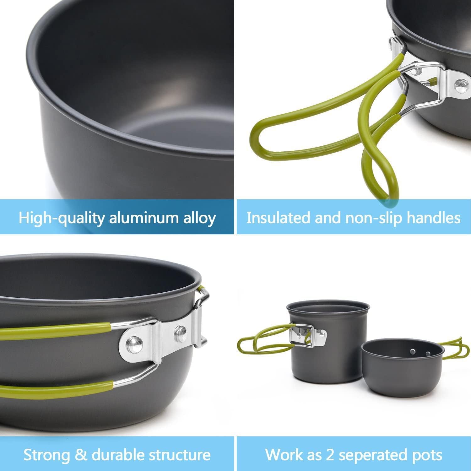 Camping Cookware Mess Kit Gear for 1/2 Person,Backpacking Accessories Equipment Flatware Stove and Pot Set with Mesh Carrying Bag Carabiner for Hiking, Picnic (8 Pieces-Green)