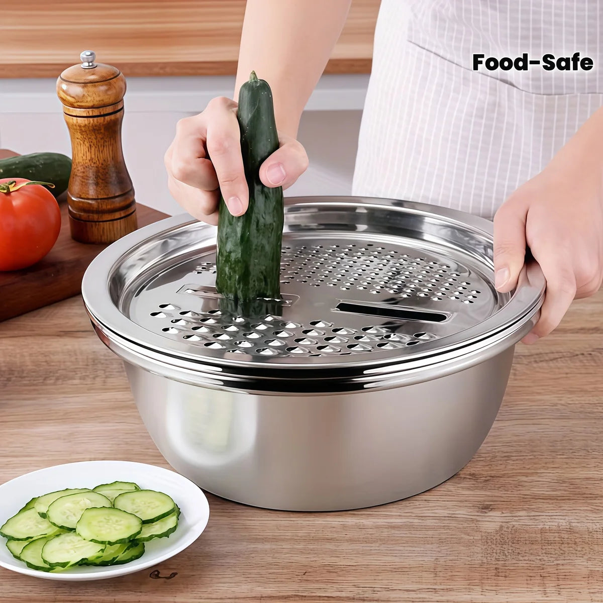 Stainless Steel 3-In-1 Vegetable Strainer Slicer Cutter Graters Drain Basket Salad Maker Bowl Kitchen Accessory Tool