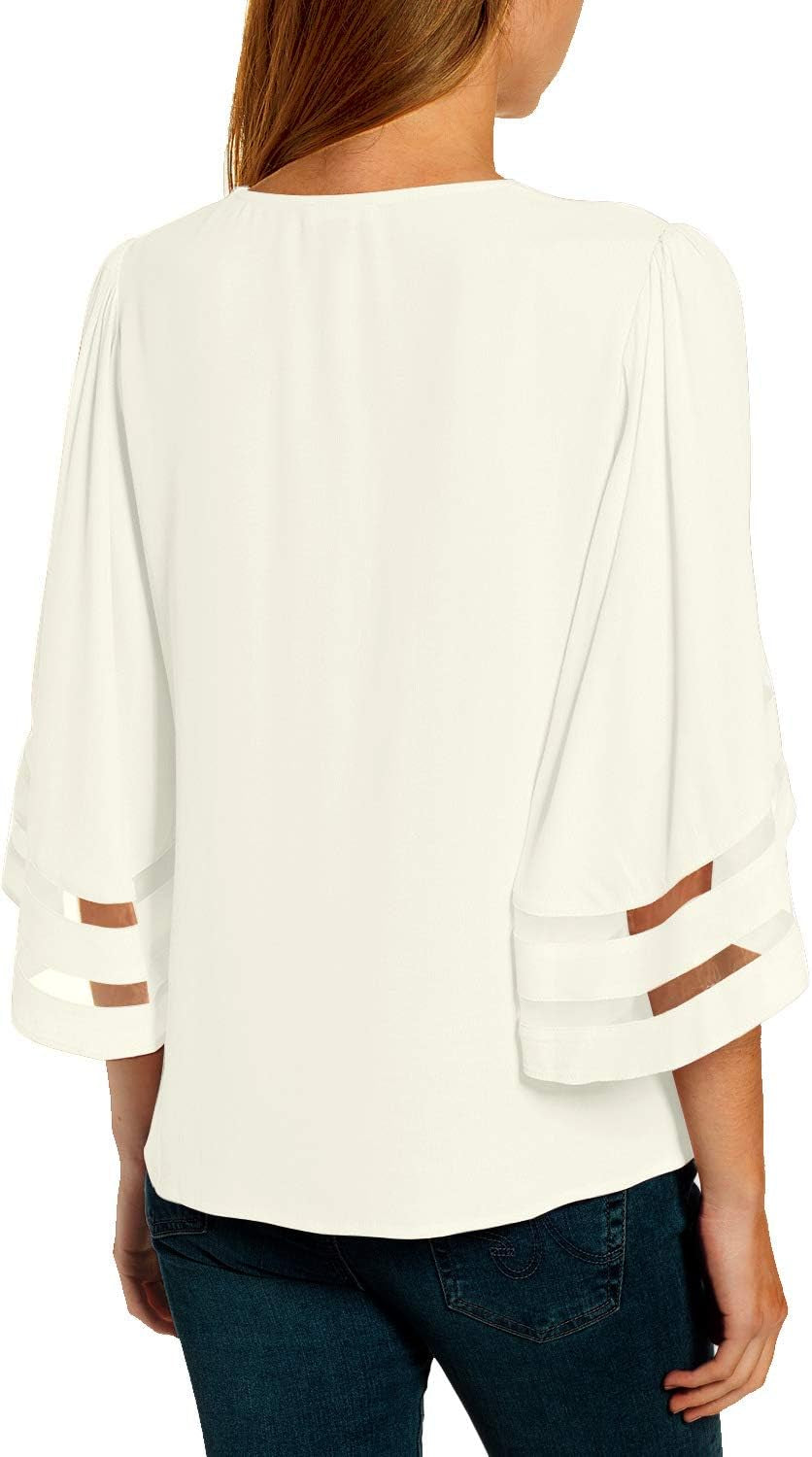 Women'S Casual V Neck Blouse 3/4 Bell Sleeve Mesh Panel Shirts Loose Top