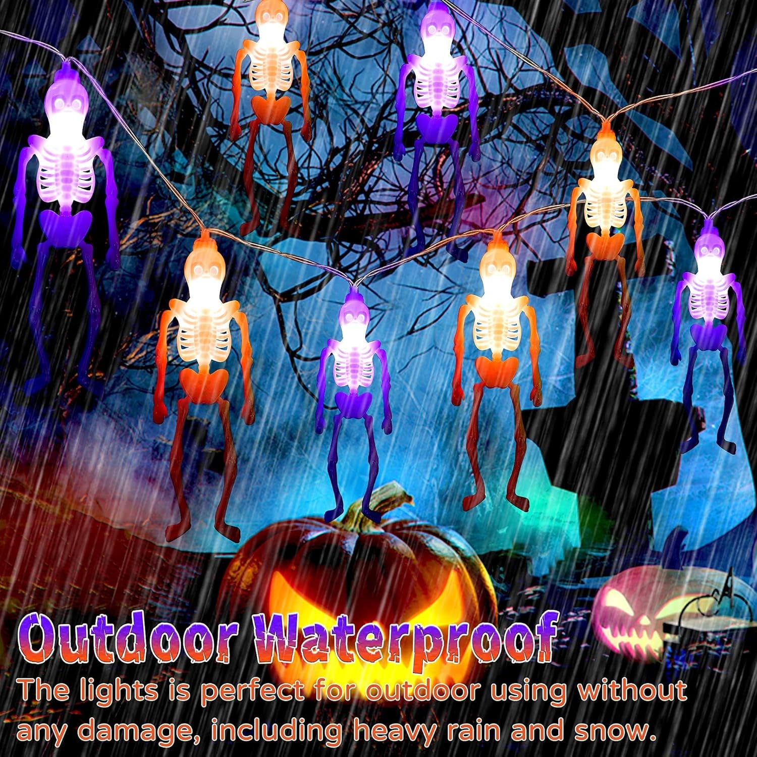 Battery operated skeleton lights, Halloween Decoration Light on display outdoors, waterproof and perfect for Halloween festivities.