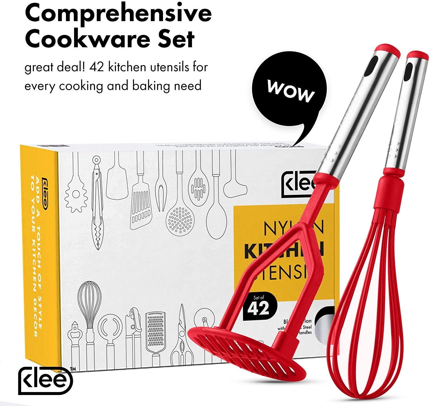 Klee Deluxe 42-Piece Heat-Resistant Stainless Steel and Nylon Kitchen Utensils Set (Red)