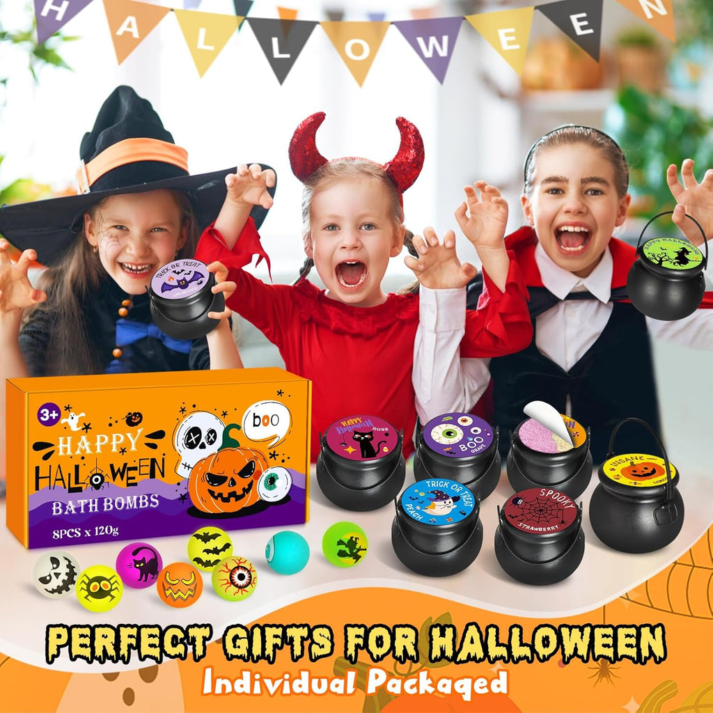 Halloween Witch Cauldron Themed Bath Bomb with Squishy Toy, 8 Packs Bubble Kids Bath Bombs, Black