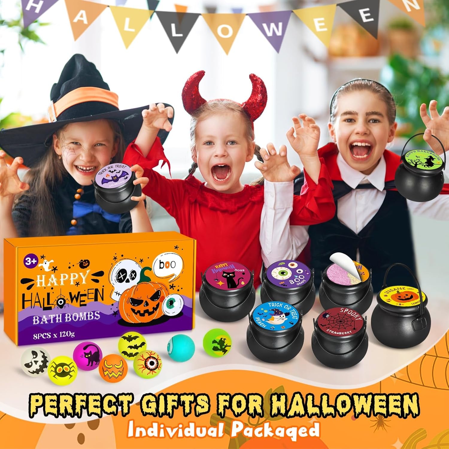 Halloween Witch Cauldron Themed Bath Bomb with Squishy Toy, 8 Packs Bubble Kids Bath Bombs, Black
