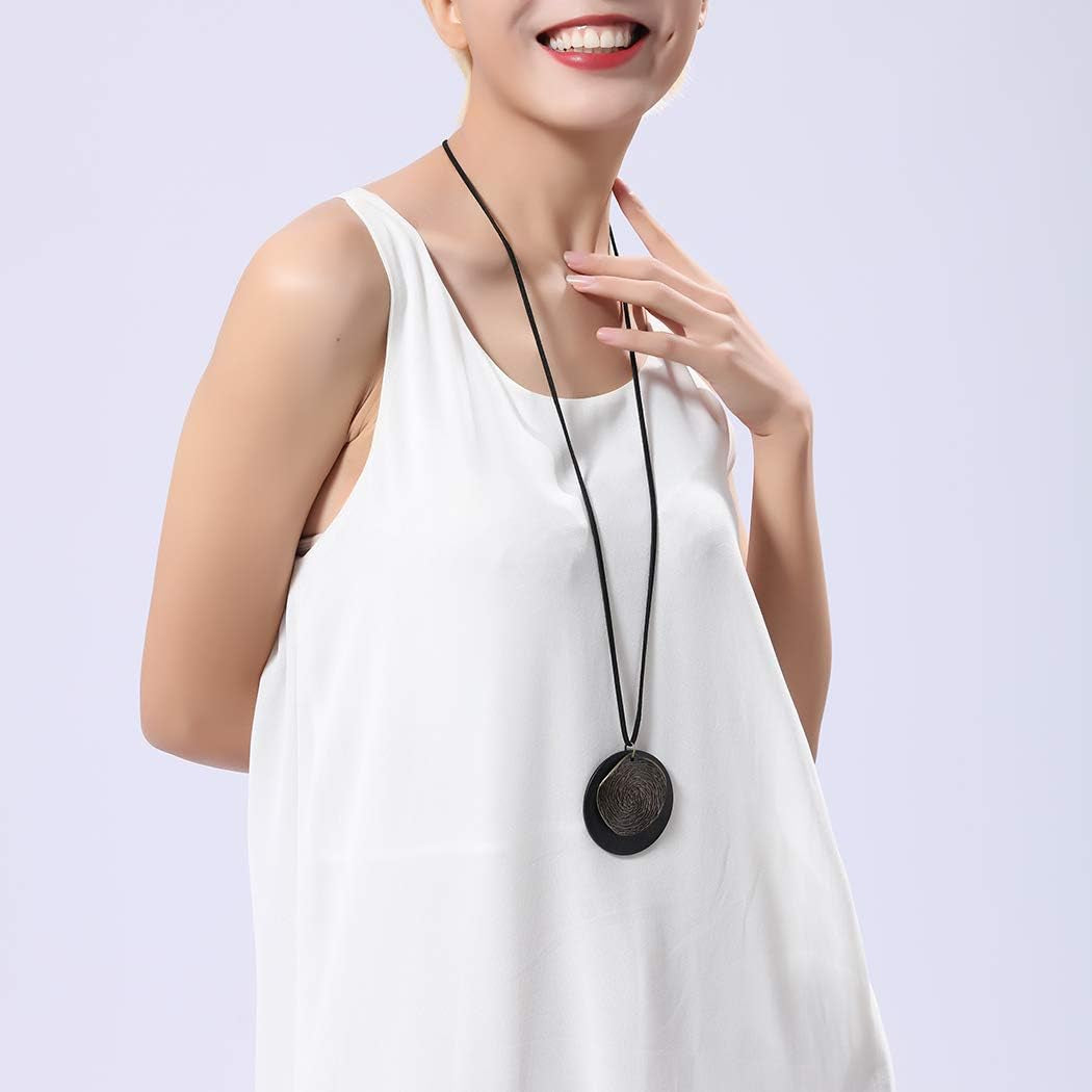 Womens Pendant Necklace Wood Handmade Jewelry Long Rope Sweater Necklace for Woman