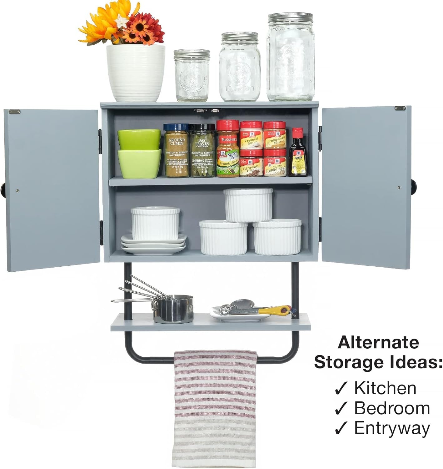 17X21” Barndoor Bathroom Wall Cabinet, Space Saver Storage Cabinet Kitchen Medicine Cabinet with Adjustable Shelf and Towel Bar, Rustic Gray
