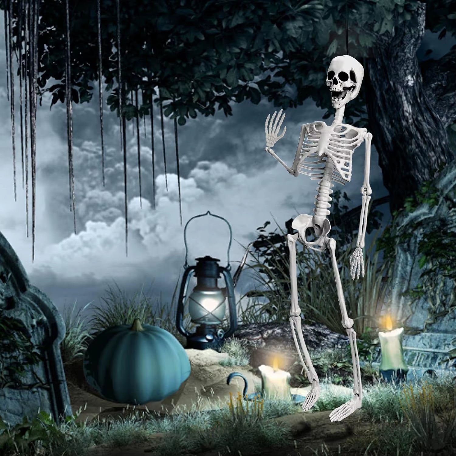 36" Skeleton Halloween Decor, 3FT Posable Halloween Skeleton Decorations, Realistic Full Body Plastic Skeleton for Halloween