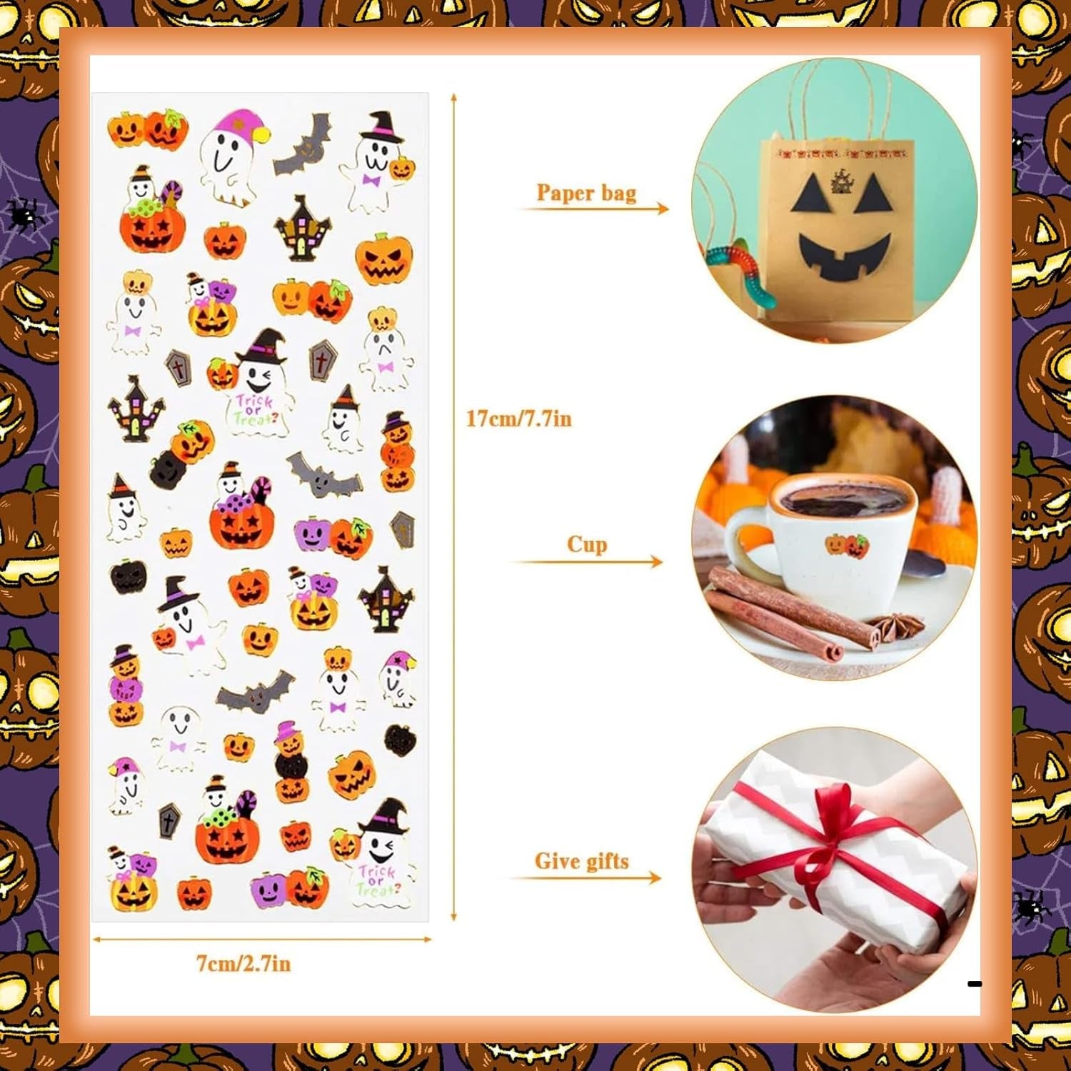 6 Sheets Happy Halloween Stickers for Kids - Ghost, Pumkin, Demon, Bat, Spider Stickers for Scrapbooking DIY Craft Halloween Party Favors