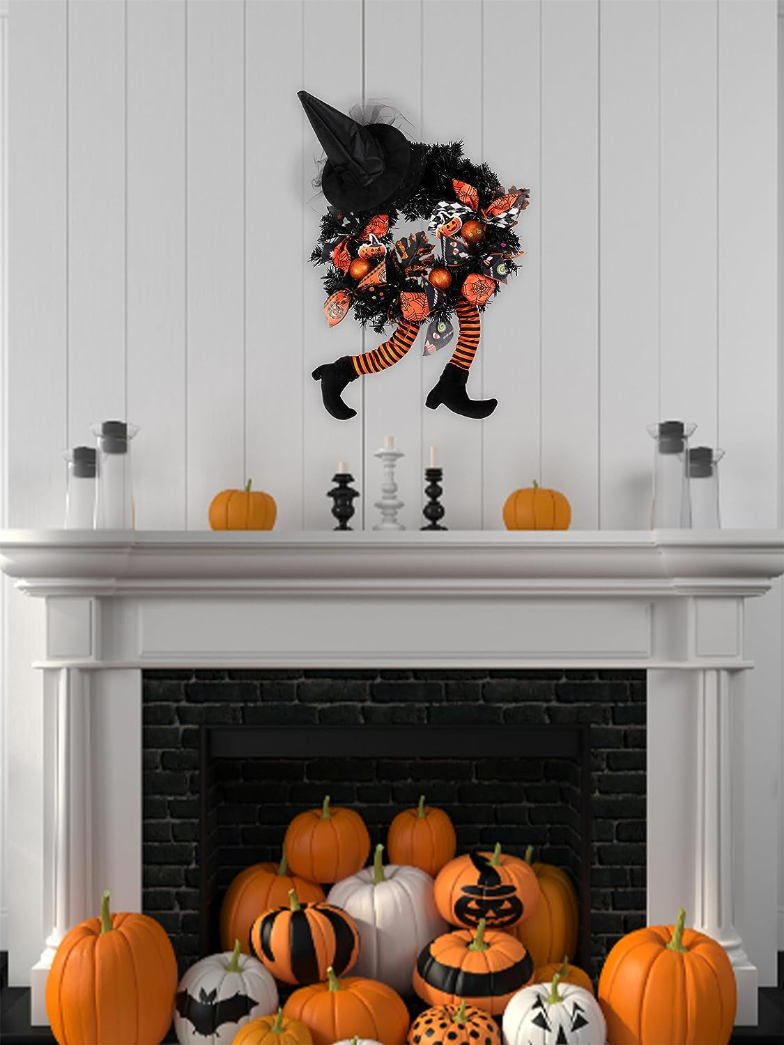 Happy Halloween Wreath for Front Door Decoration with Skeleton Artificial Bone Orange Ornaments Maple Leaf for Party Decor (Halloween Orange)
