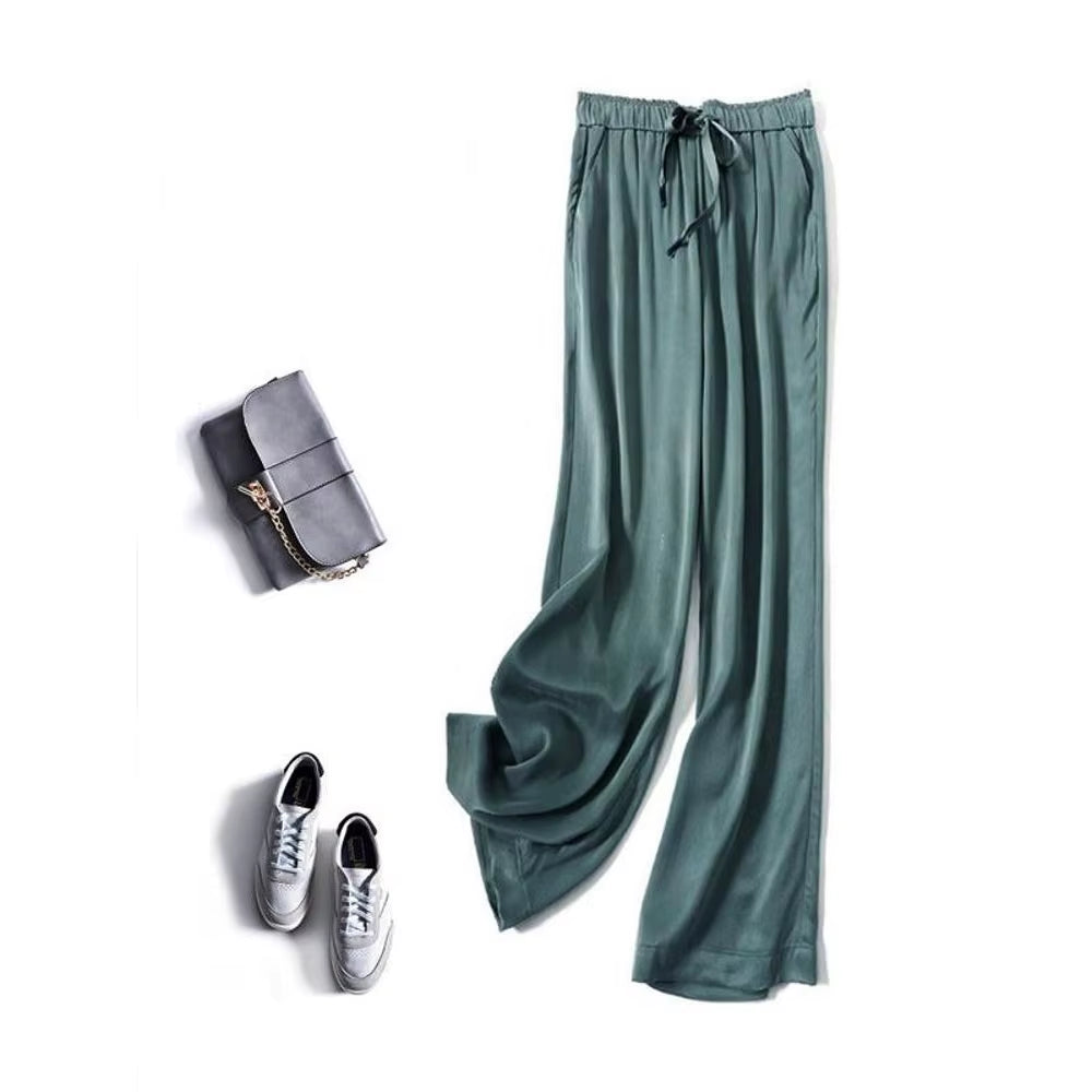 Acetic Acid Ice Silk Wide Leg Pants 2025 New Summer Thin Satin Casual Pants Women'S High Waisted Straight Leg Pants Long Trouser