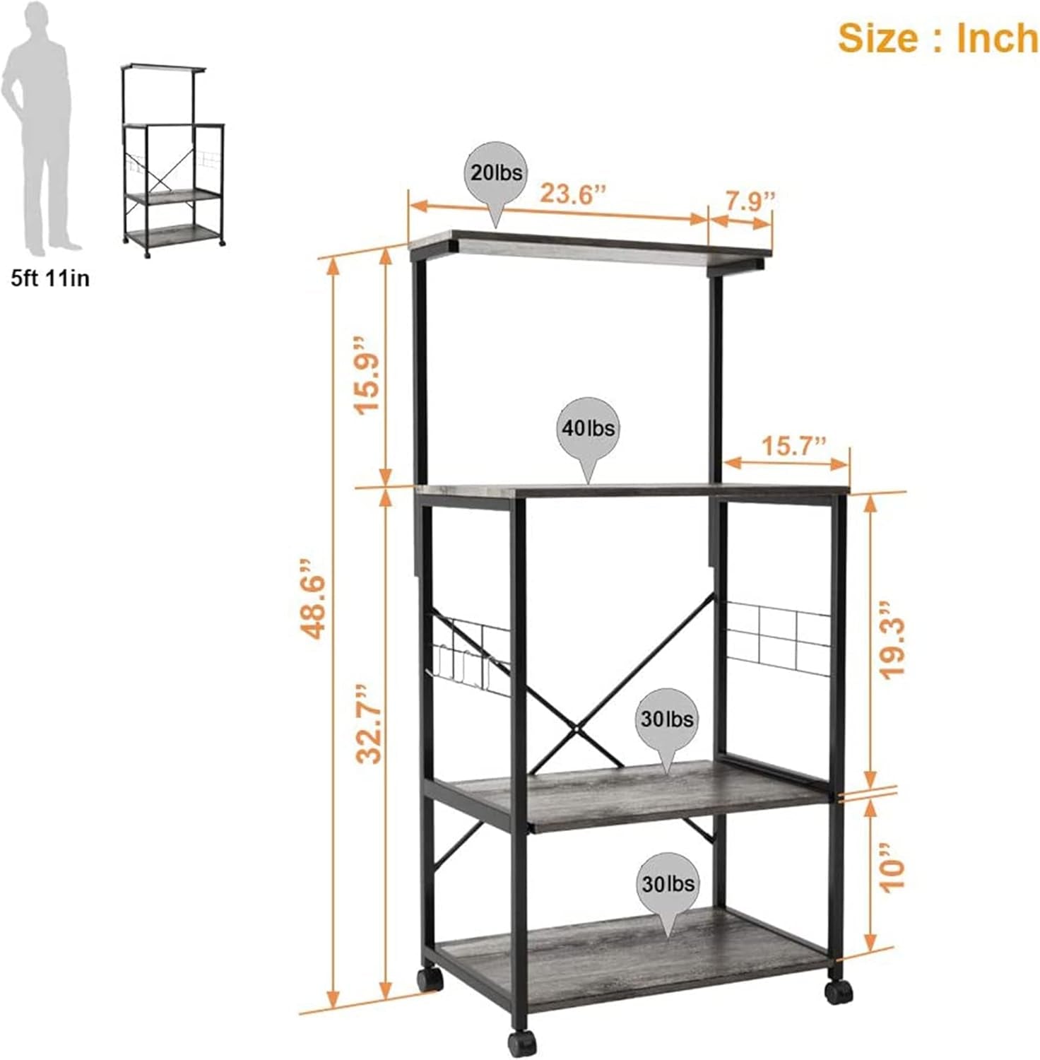 Bakers Rack Microwave Stand Rolling Cart on Wheels with Oven Mitts and 10 Side Hooks Kitchen Island with Storage Shelf Kitchen Organizer 4 Tier Shelves (Rustic Brown, Gray Duck Mitts)