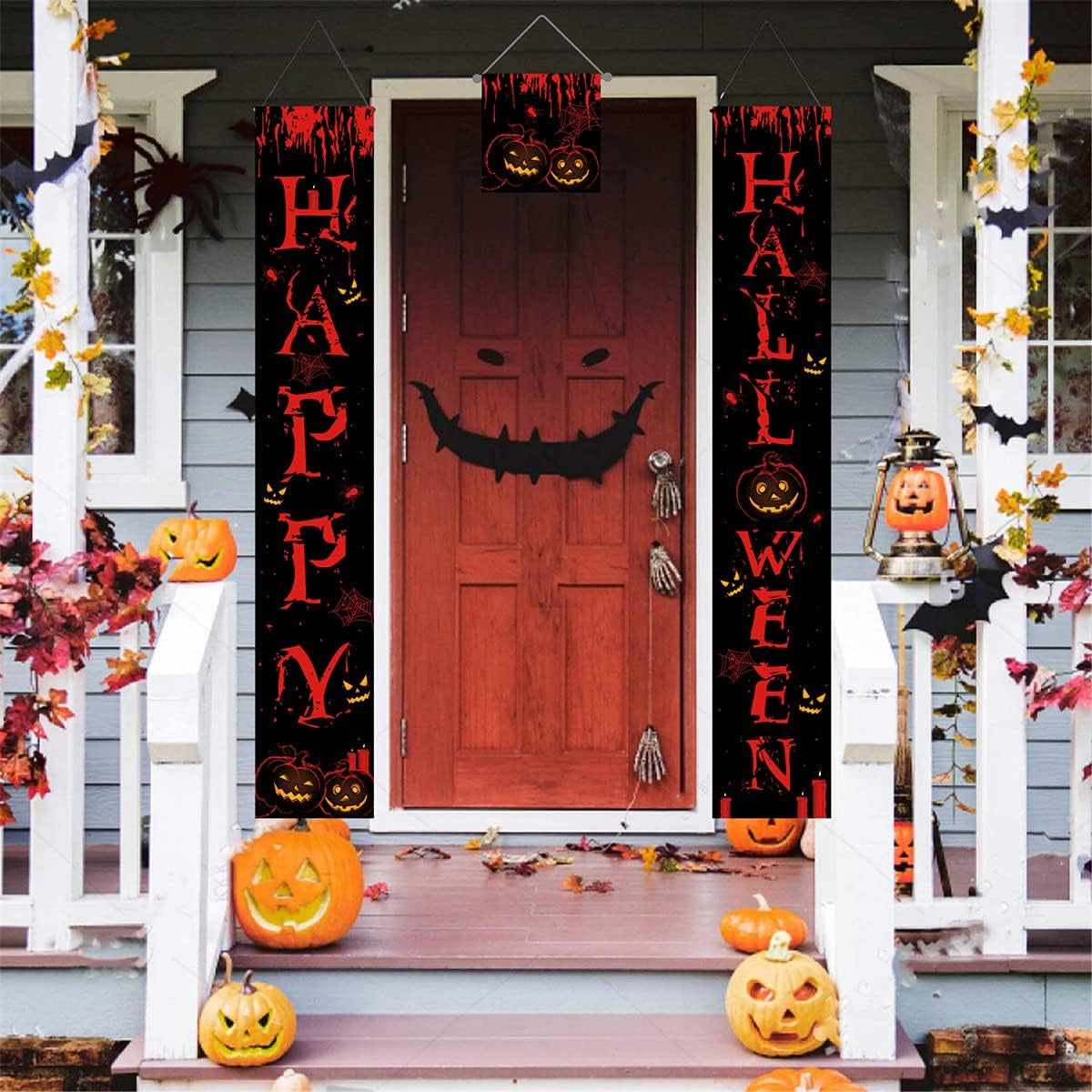 Halloween Porch Sign,Halloween Banners Front Proch,Happy Halloween Welcome Ghost Sign,Halloween Theme Party Supplies for Front Door,Halloween Decorations for Yard Indoor Outdoor Party (Black-Happy)