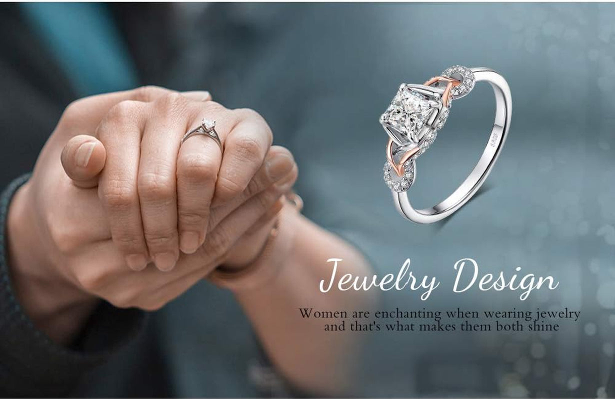 Love Infinity Ring Engagement Rings for Women, 14K Rose Gold 925 Sterling Silver Cubic Zirconia Promise Rings for Her, Anniversary Knot Princess Cut Promise Ring Simulated Diamond Ring