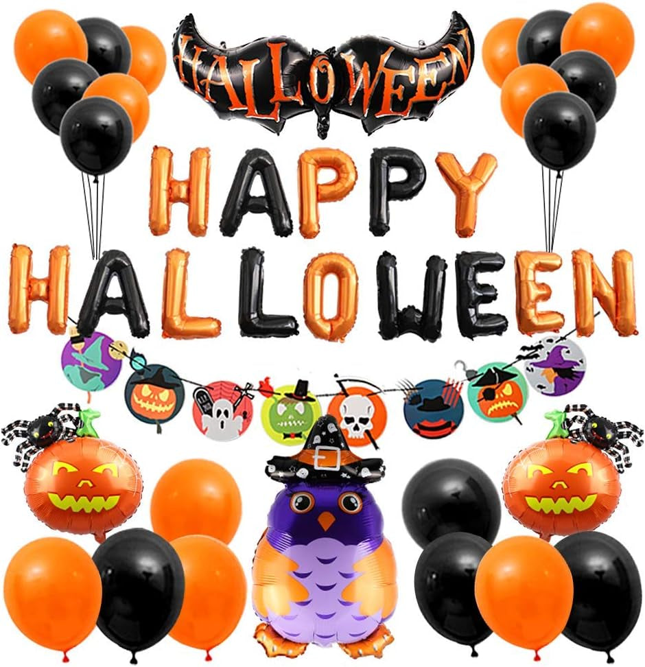 Halloween Party Decorations Include Happy Halloween Banner, Skeleton Pattern Bunting, Latex Balloons, Aluminum Foil Balloons, Bat Pumpkin Spider and Owl Wizard (47Pcs)