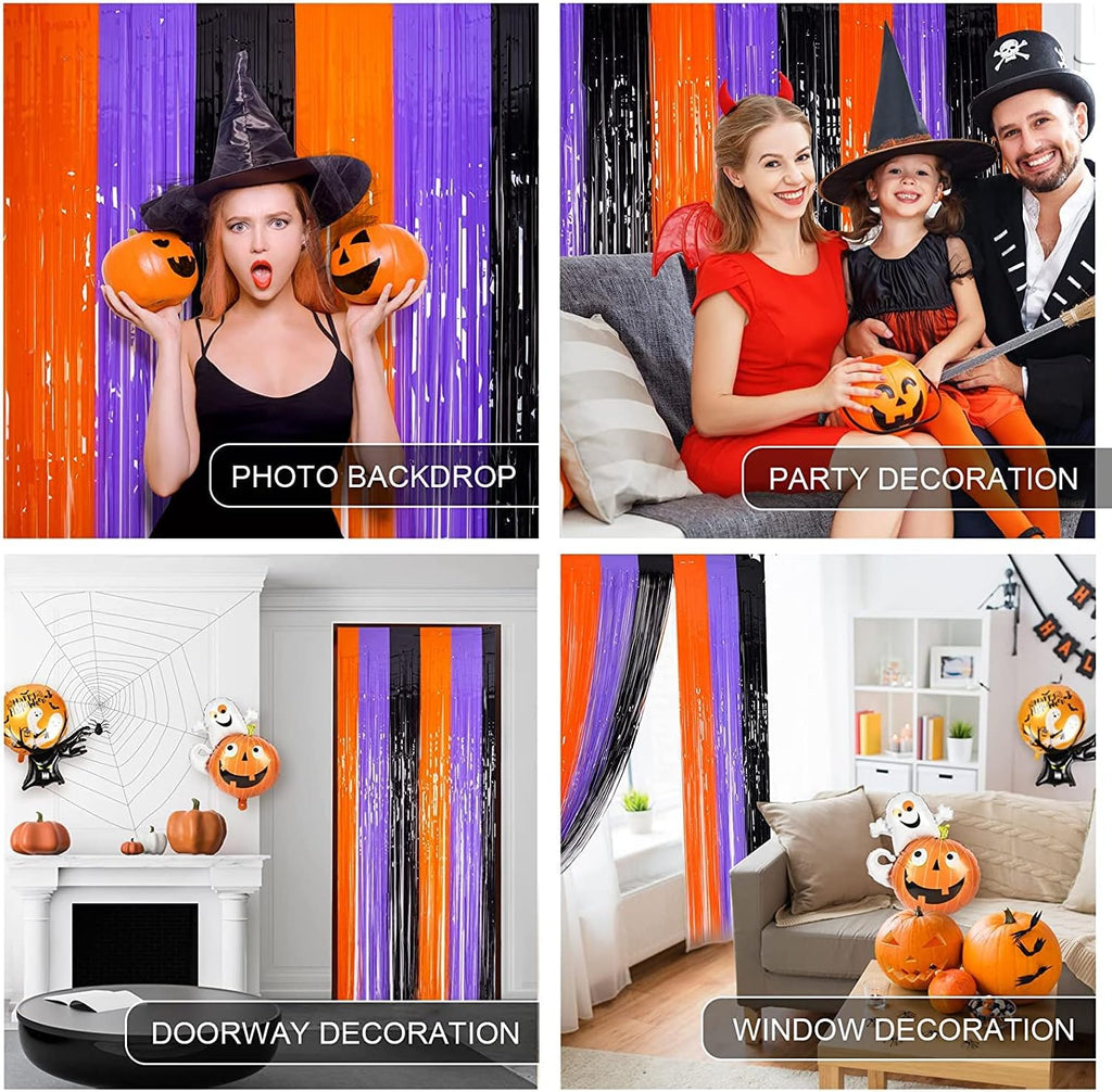 3 Pack Orange Purple Black Photo Booth Props,3.3 X 6.6 Ft Halloween Foil Fringe Curtains,Halloween Party Photo Backdrop Streamer Backdrop for Birthday Anniversary Halloween Party Decoration