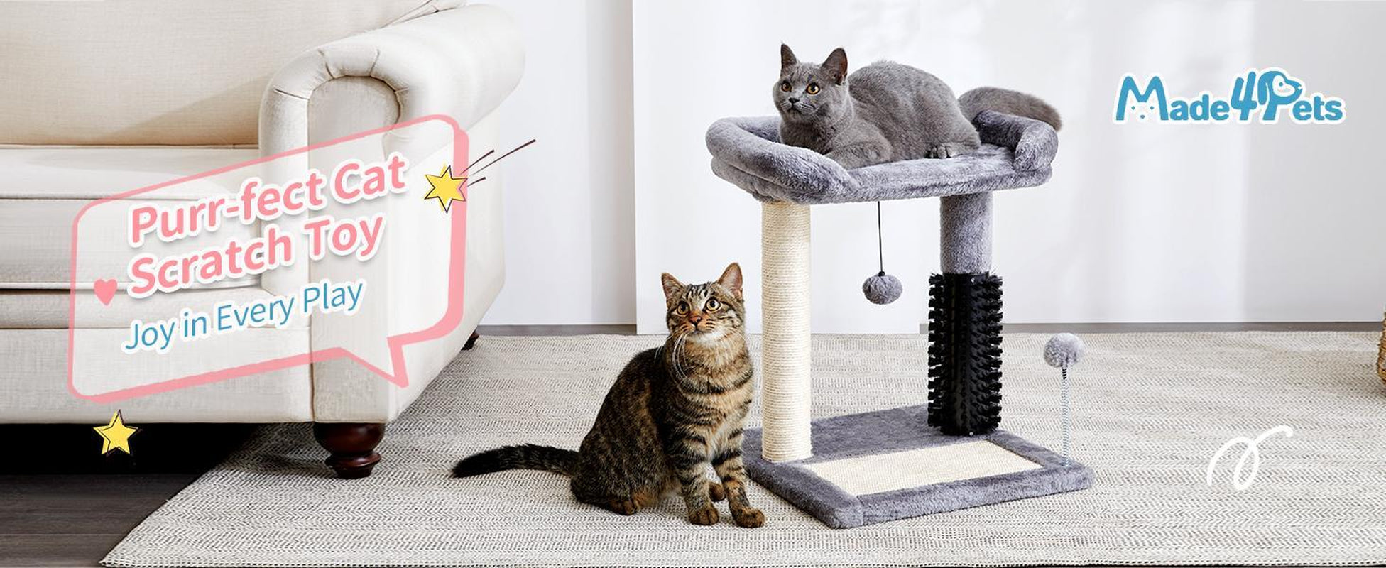 Small 4-In-1 Cat Tree Tower with Self-Grooming Brush and Natural Sisal Scratching Post, Soft Plush Cat Bed and Hanging Ball, Suitable for Indoor Kittens