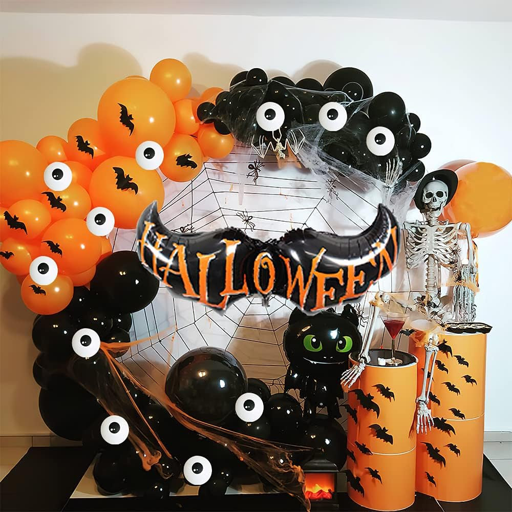 Halloween Balloon Garland Arch Kit, 102 Pieces Black Orange Confetti Balloons Eye Balloon with Spider Webs for Halloween Party Decorations…