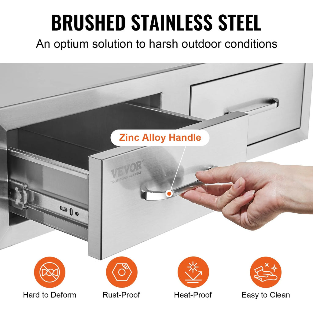 VEVOR Outdoor Kitchen Drawers 30 W X 10 H X 20 D, Horizontal Double BBQ Access Drawers Stainless Steel with Handle, BBQ Island Drawers for Outdoor Kitchens or Patio Grill Station