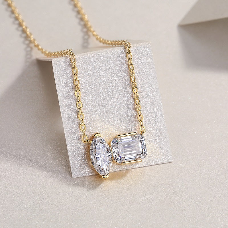 Double Diamond Shadow - Set With Two Octagonal Horse Eye Moissanite S925 Sterling Silver And Gold-plated Pendant, Fashionable Diamond Jewelry, Silver Jewelry, 3g Sterling Silver Jewelry