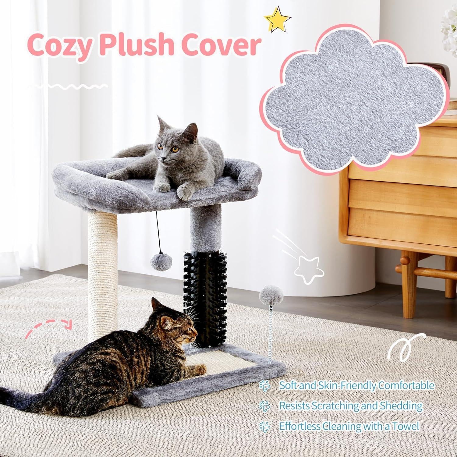 Small 4-In-1 Cat Tree Tower with Self-Grooming Brush and Natural Sisal Scratching Post, Soft Plush Cat Bed and Hanging Ball, Suitable for Indoor Kittens
