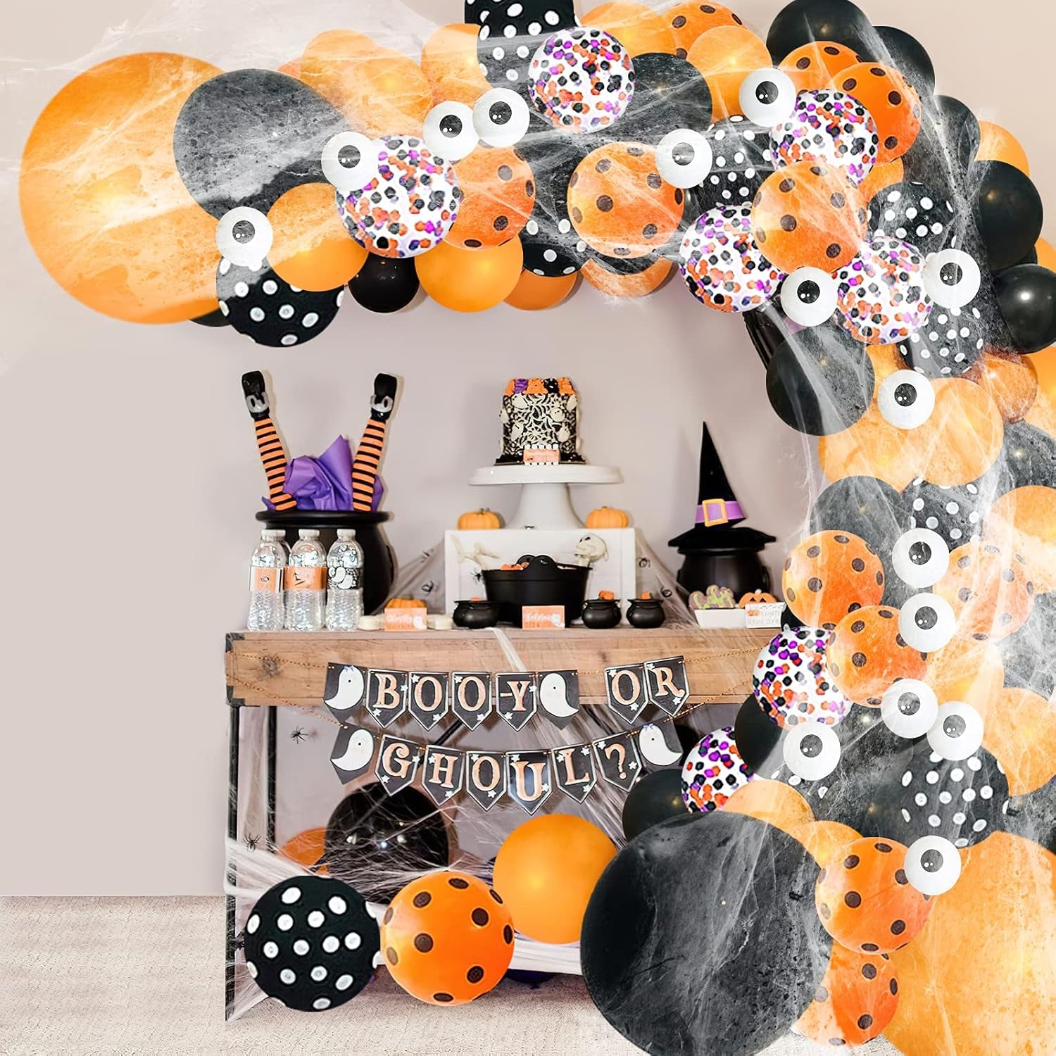 Halloween Balloon Garland Arch Kit, 102 Pieces Black Orange Confetti Balloons Eye Balloon with Spider Webs for Halloween Party Decorations…