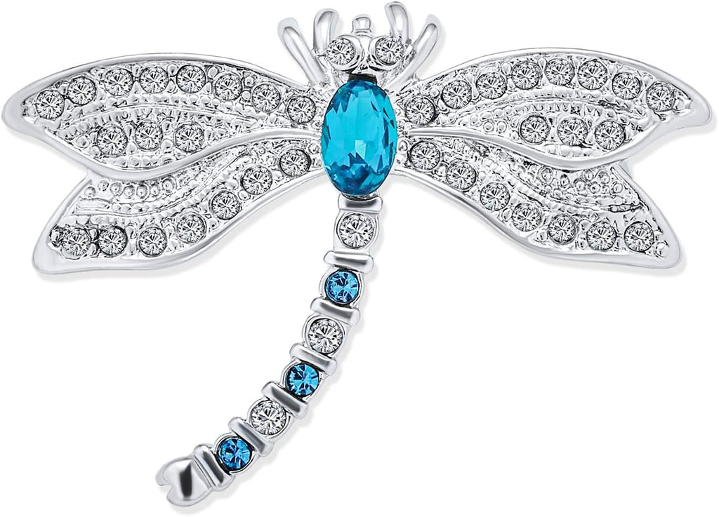 Large Statement Crystal Accent Yellow Orange Golden Aqua Blue Black Clear Garden Dragonfly Firefly Fluttering Filigree Butterfly Brooch Scarf Pin for Women and Teens Silver Gold Plated