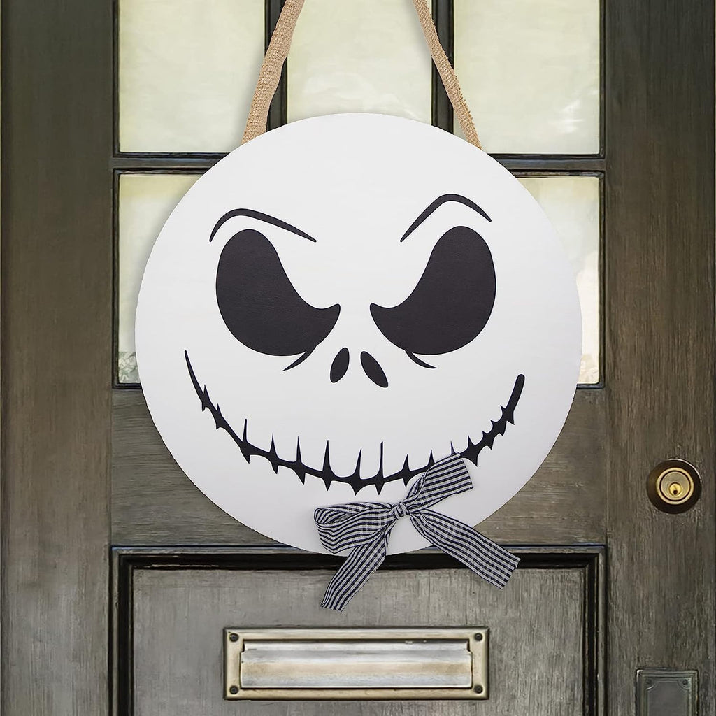 Halloween Decorations - 12'' Wooden Jack Skellington Door Hanger - Halloween Welcome Sign for Front Door - Halloween Wreath - Farmhouse Halloween Decor
