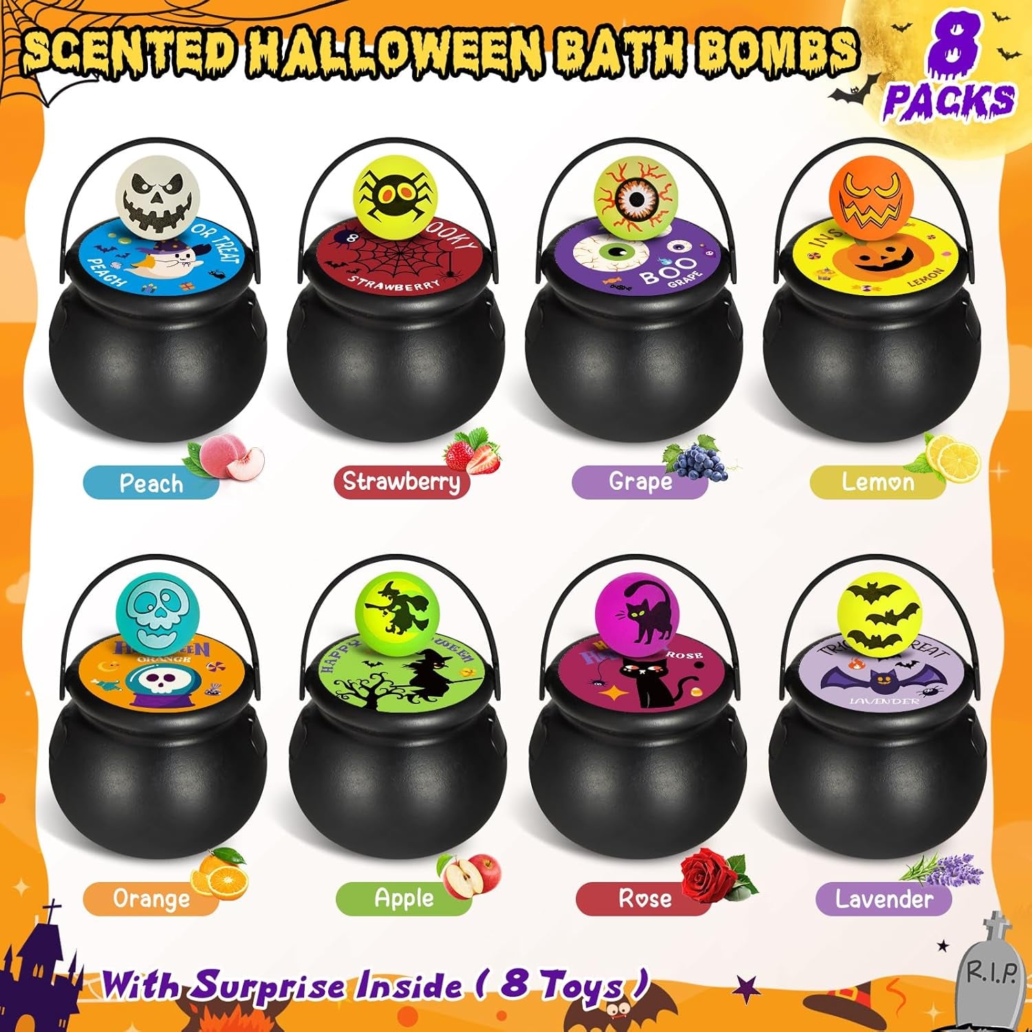 Halloween Witch Cauldron Themed Bath Bomb with Squishy Toy, 8 Packs Bubble Kids Bath Bombs, Black