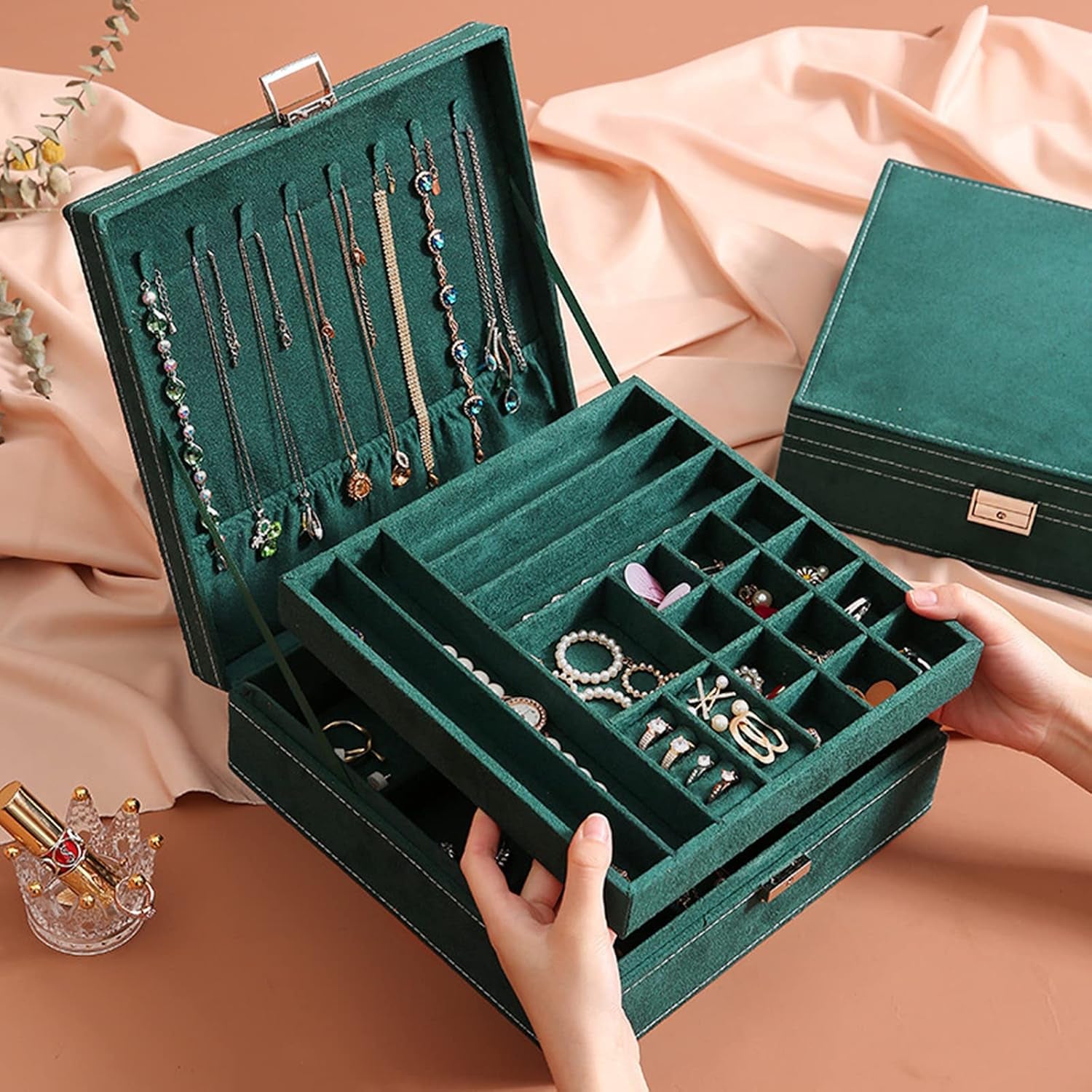 2 Layer Jewelry Box Jewelry Holder Organizer for Necklace Bracelets Rings Watches Storage Case with Lock